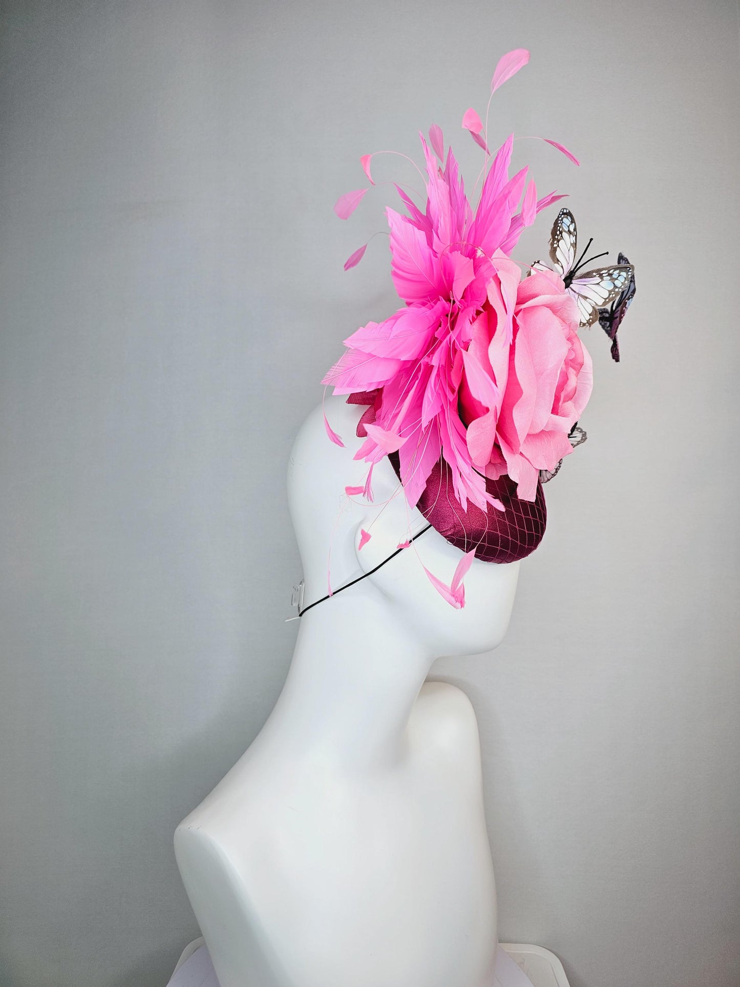 kentucky derby hat fascinator burgundy red satin with netting blush pink satin rose pink feathers light pink blue purple black butterflies