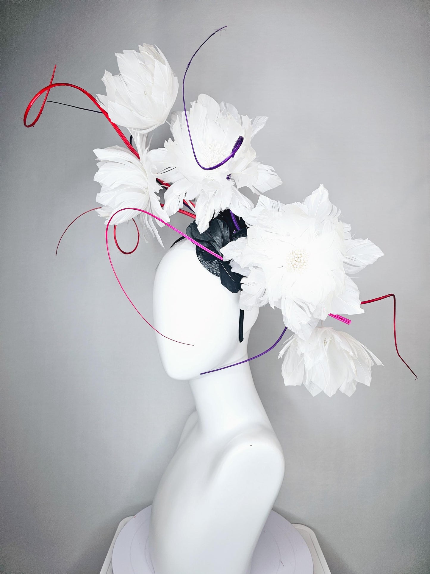 kentucky derby hat fascinator white large fluffy flowers with small black base and large curles purple red pink quills