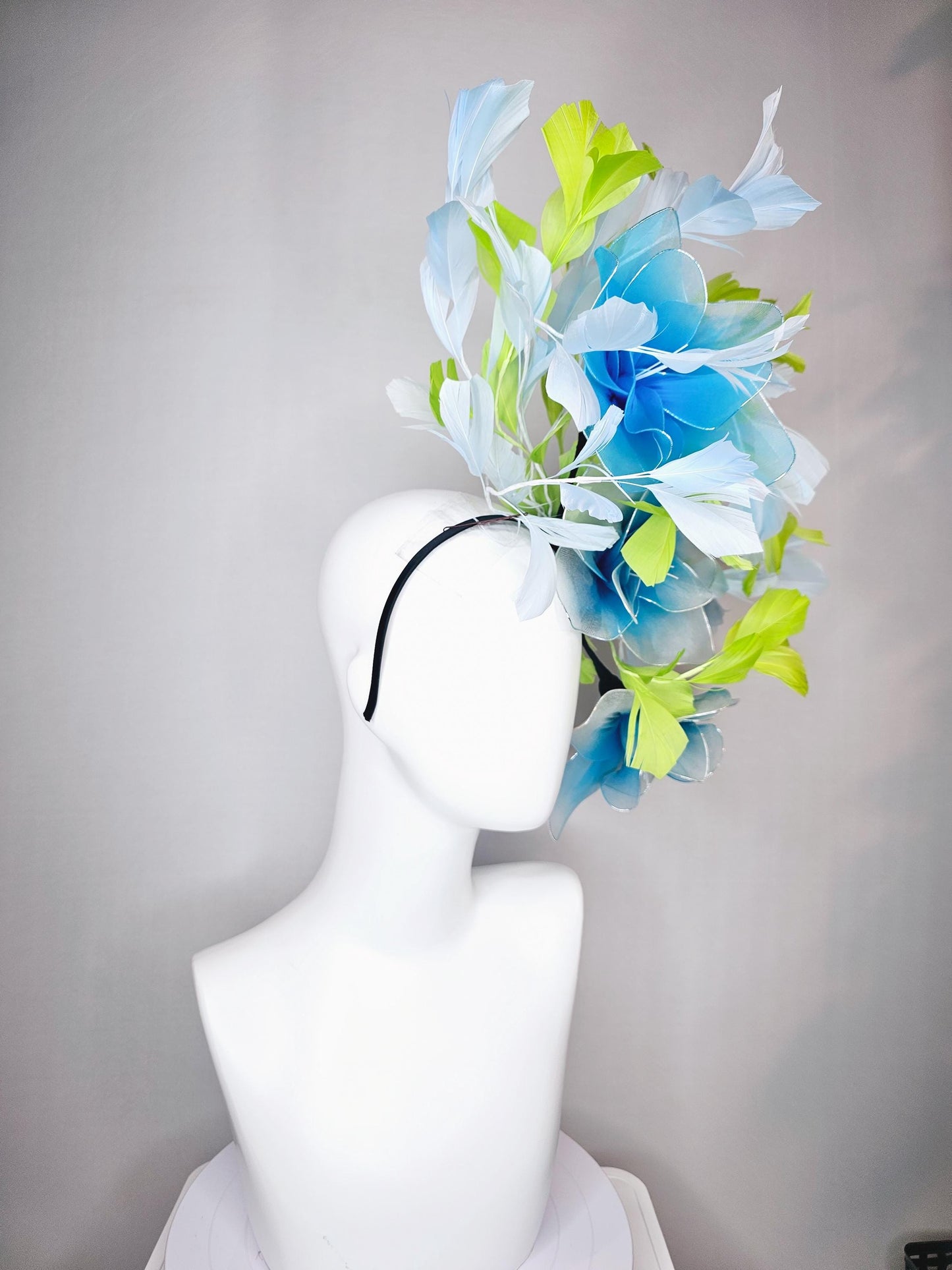 kentucky derby hat fascinator huge wired turquoise blue flowers with light blue and bright green branching feathers