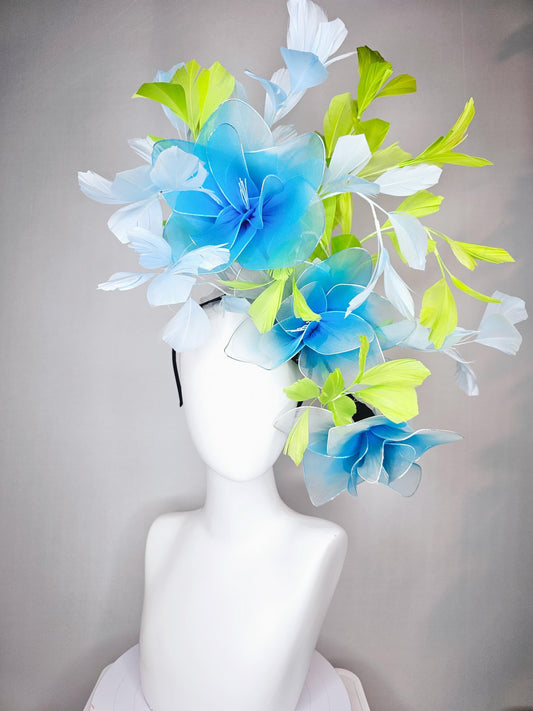 kentucky derby hat fascinator huge wired turquoise blue flowers with light blue and bright green branching feathers