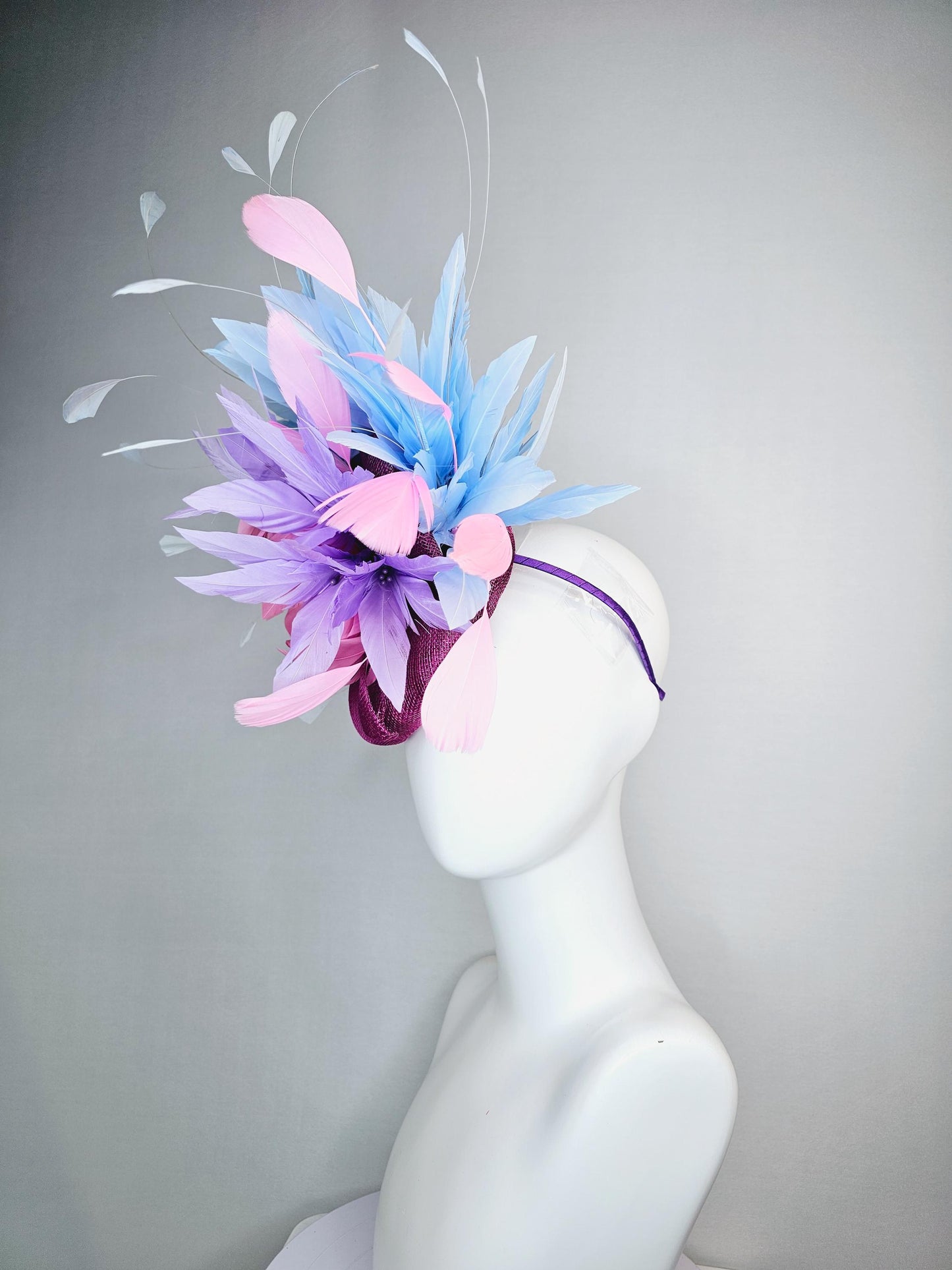 kentucky derby hat fascinator colorful magenta purple sinamay with bow pink feather flower and lavender light pink light blue white feathers