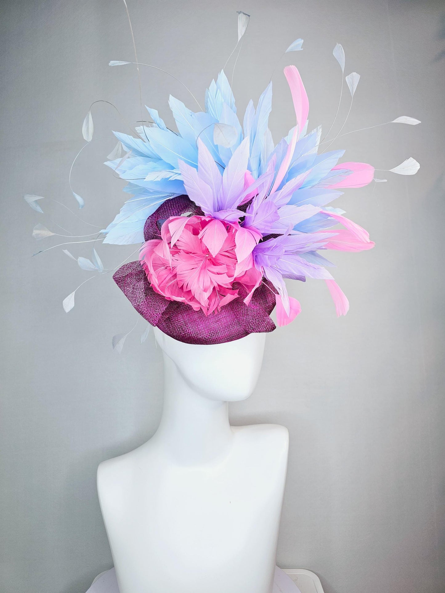 kentucky derby hat fascinator colorful magenta purple sinamay with bow pink feather flower and lavender light pink light blue white feathers