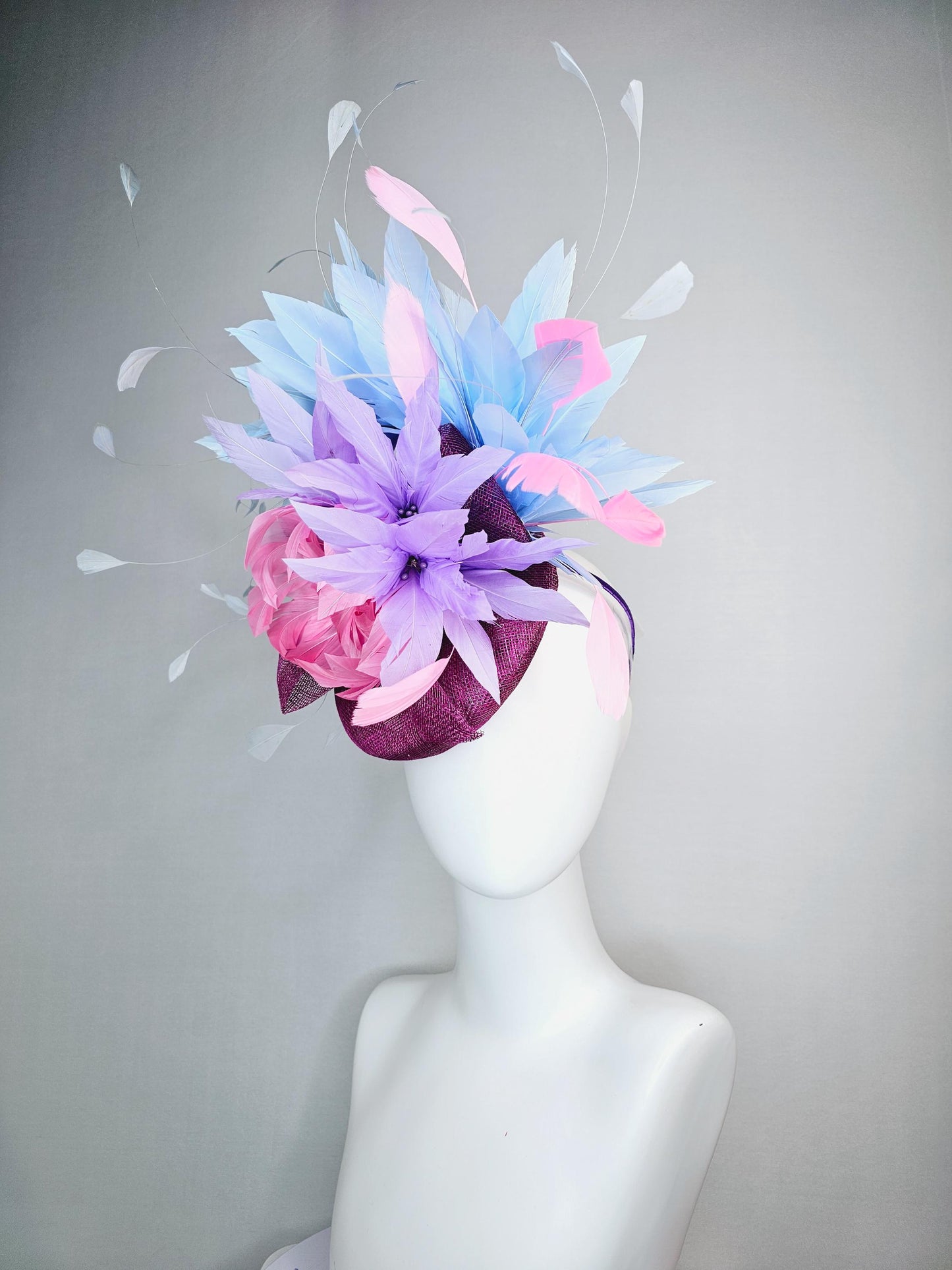 kentucky derby hat fascinator colorful magenta purple sinamay with bow pink feather flower and lavender light pink light blue white feathers