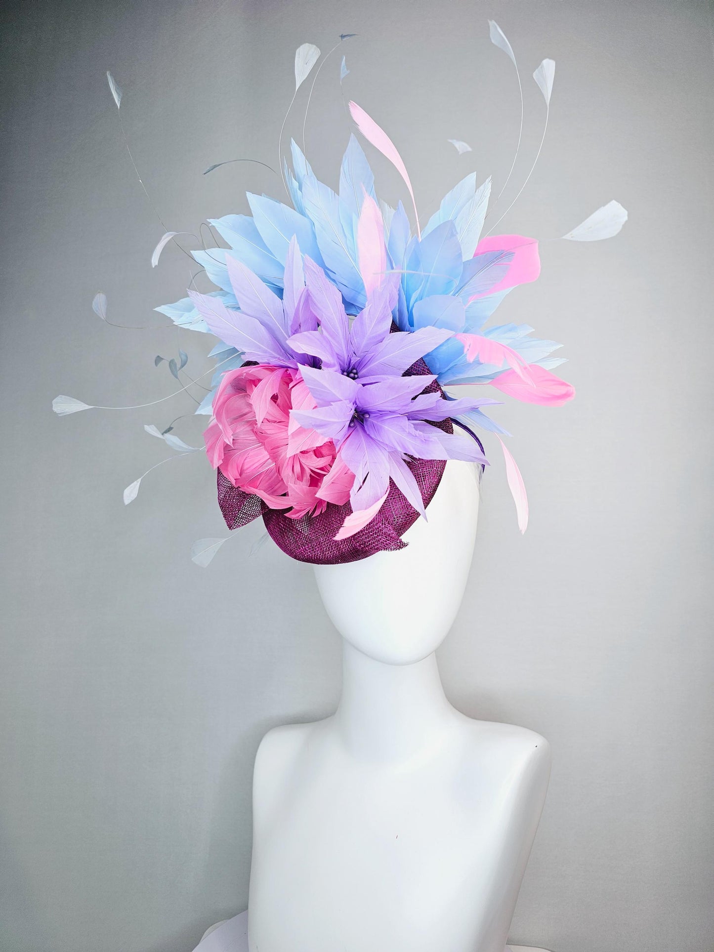 kentucky derby hat fascinator colorful magenta purple sinamay with bow pink feather flower and lavender light pink light blue white feathers
