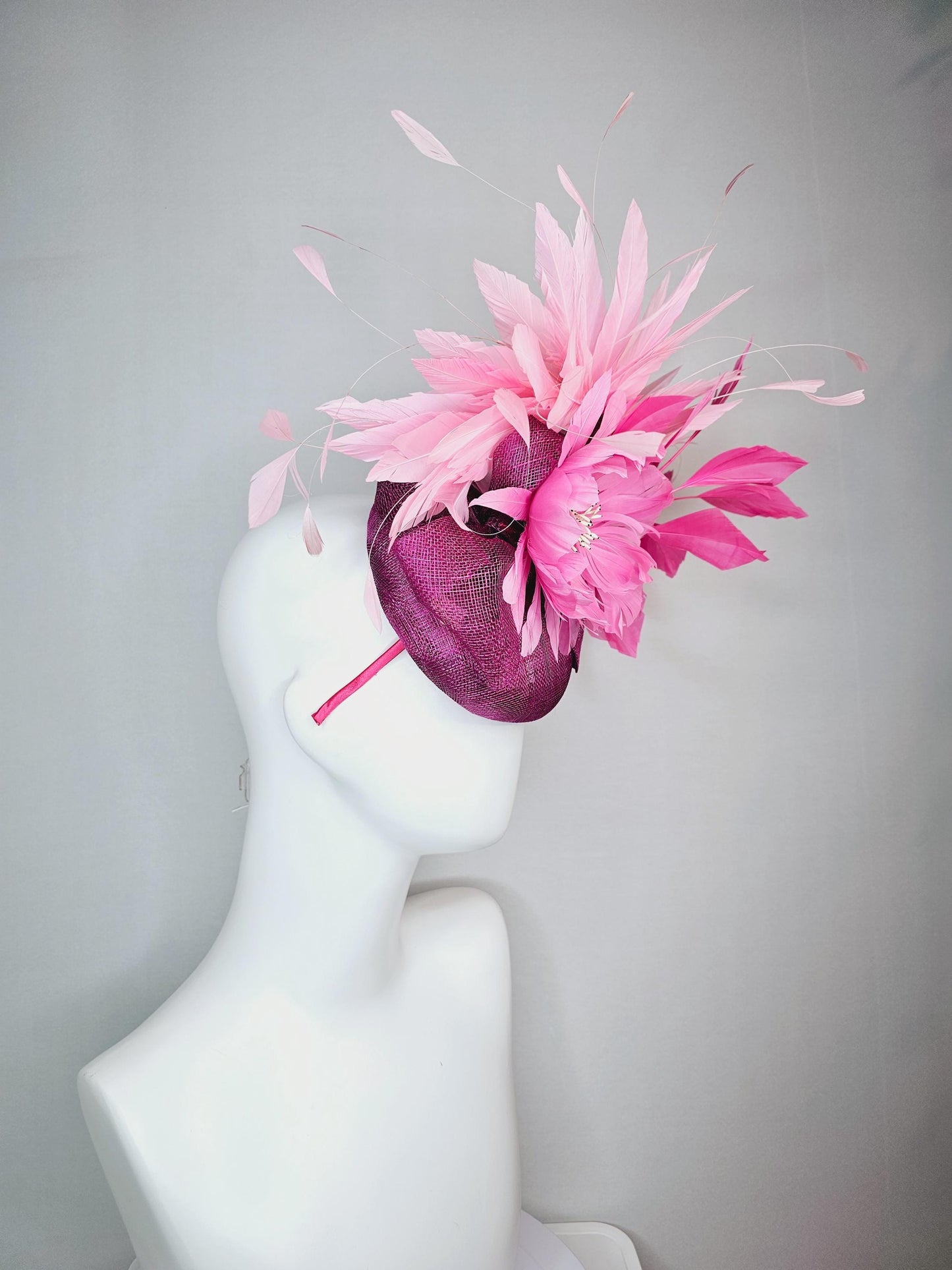 kentucky derby hat fascinator magenta purple sinamay with bow and blush pink feather flower with light pink blush pink branching feathers