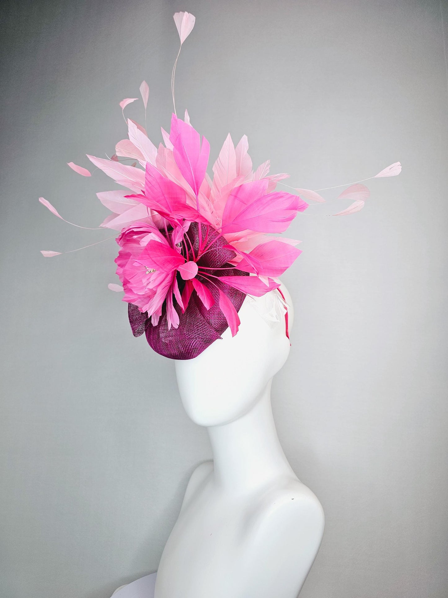 kentucky derby hat fascinator magenta purple sinamay with bow and blush pink feather flower with light pink blush pink branching feathers