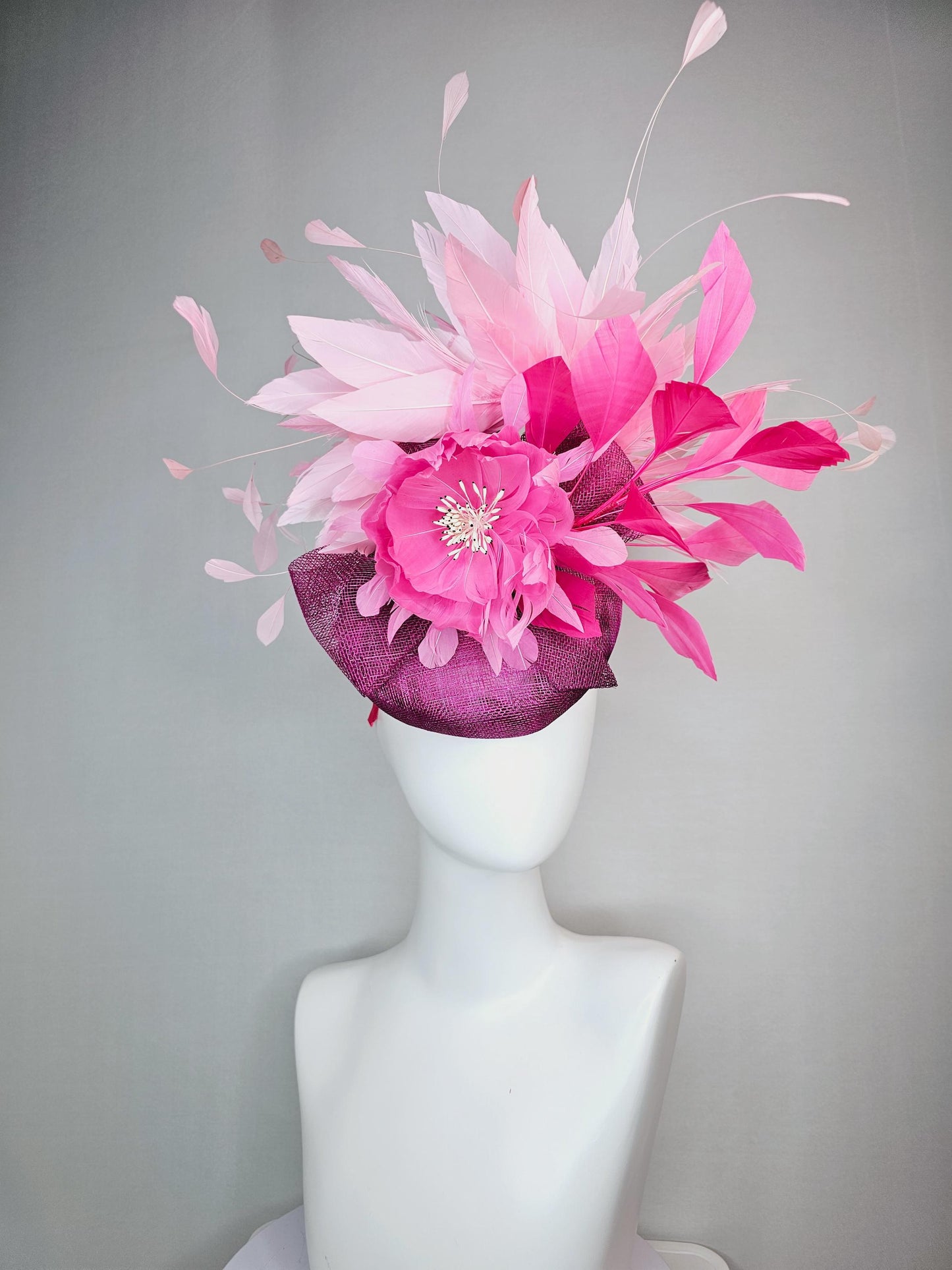 kentucky derby hat fascinator magenta purple sinamay with bow and blush pink feather flower with light pink blush pink branching feathers