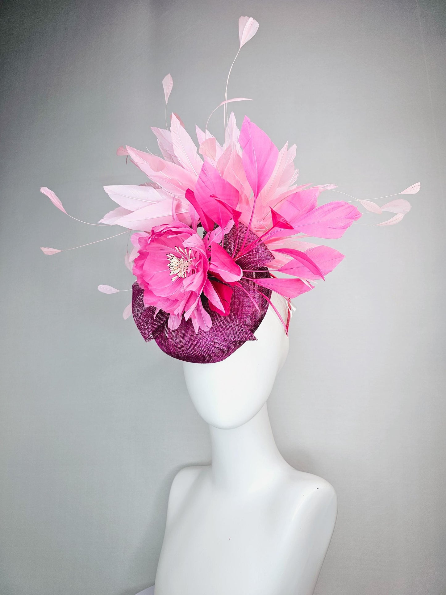 kentucky derby hat fascinator magenta purple sinamay with bow and blush pink feather flower with light pink blush pink branching feathers