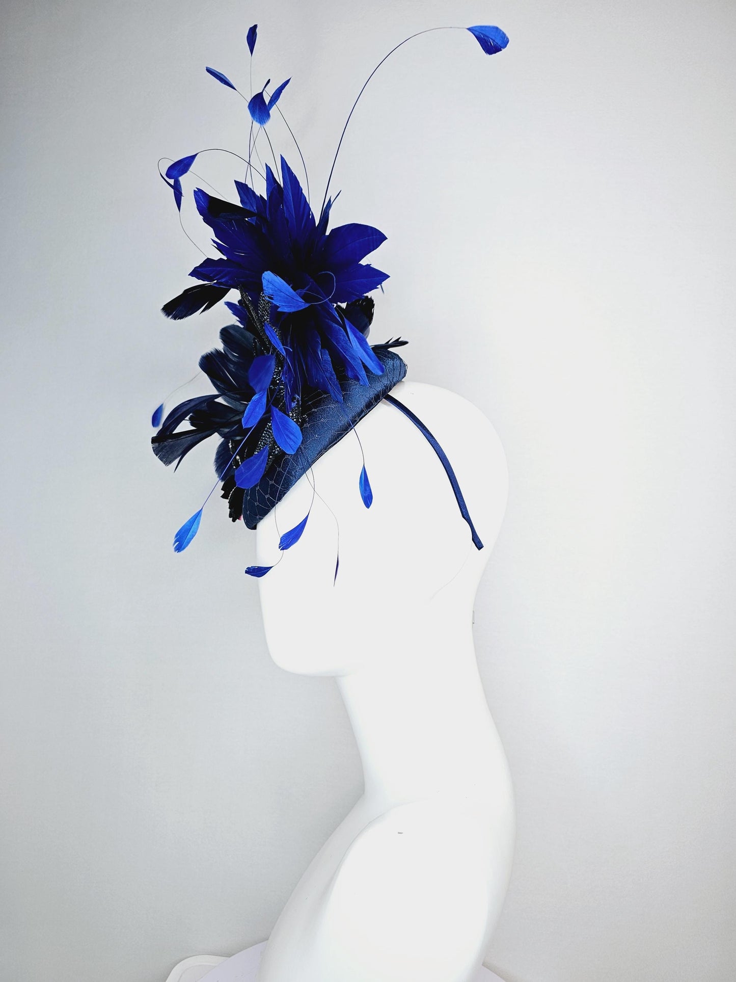 kentucky derby hat fascinator royal blue satin with netting navy blue crystal flowers embroidered navy and cobalt blue branching feathers