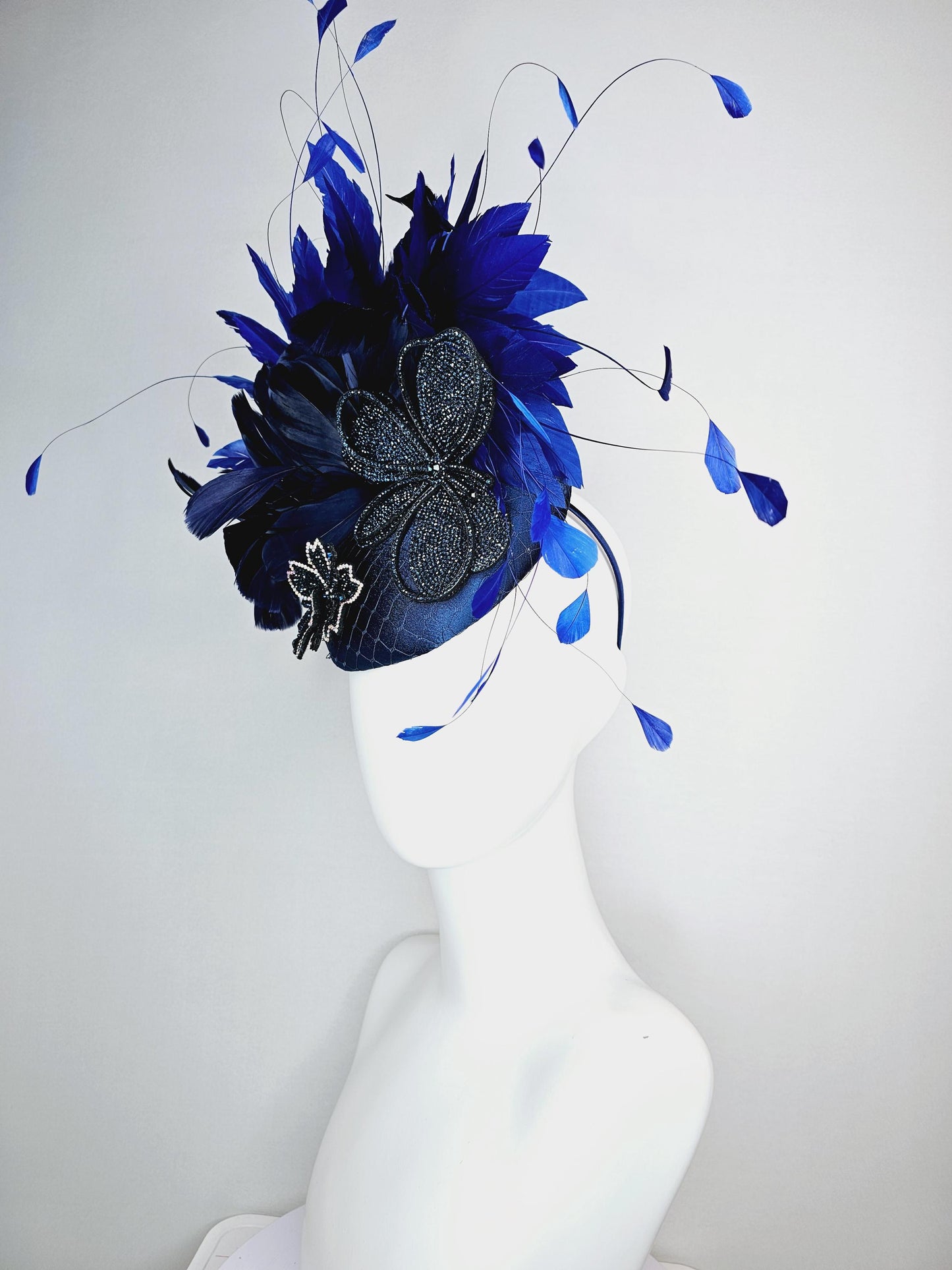 kentucky derby hat fascinator royal blue satin with netting navy blue crystal flowers embroidered navy and cobalt blue branching feathers