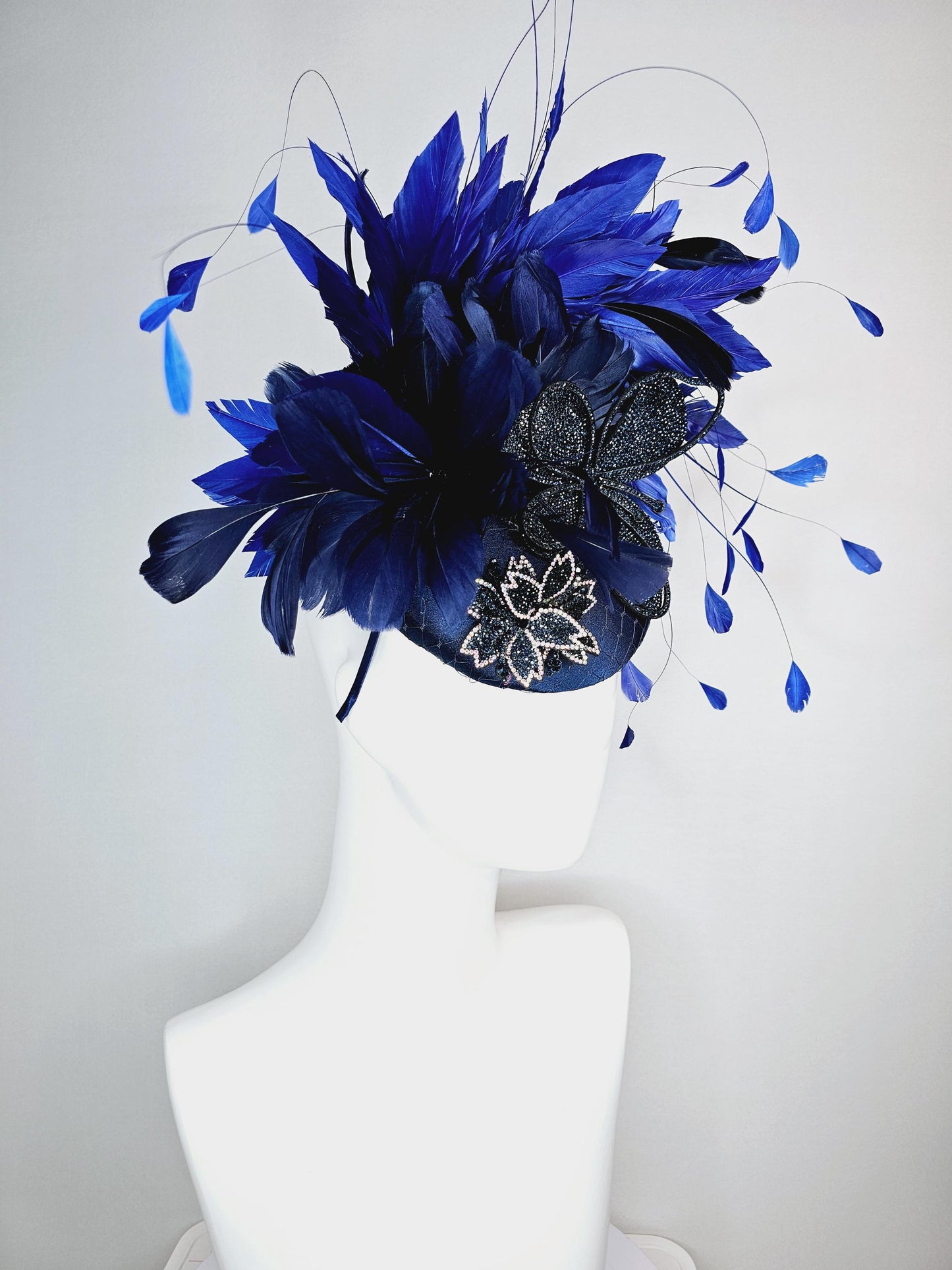 kentucky derby hat fascinator royal blue satin with netting navy blue crystal flowers embroidered navy and cobalt blue branching feathers