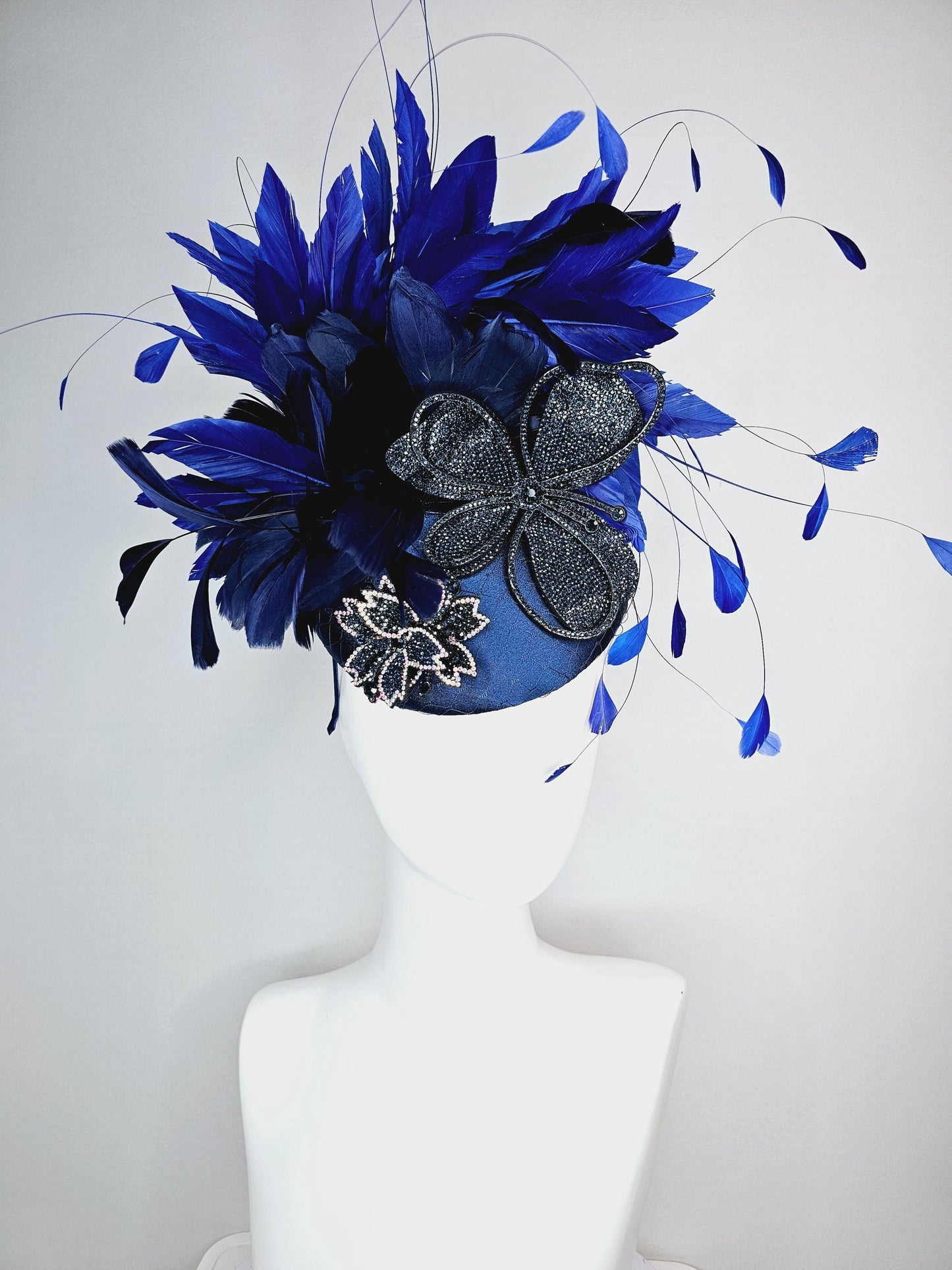kentucky derby hat fascinator royal blue satin with netting navy blue crystal flowers embroidered navy and cobalt blue branching feathers