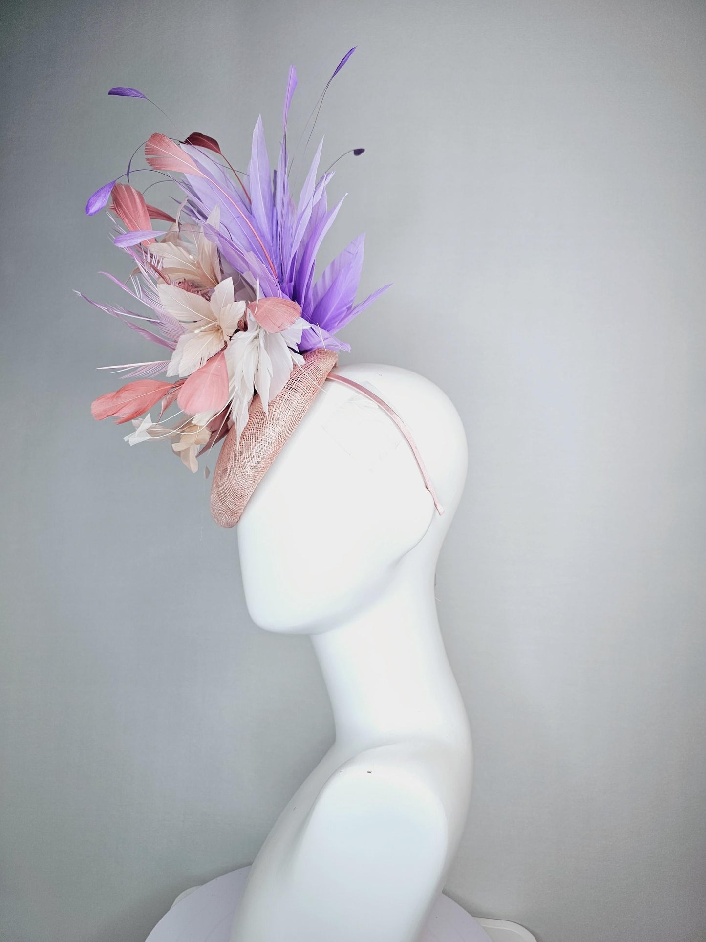 kentucky derby hat fascinator champagne pink sinamay with sinamay bow dusty rose light pink feather flowers white lavender purple feathers