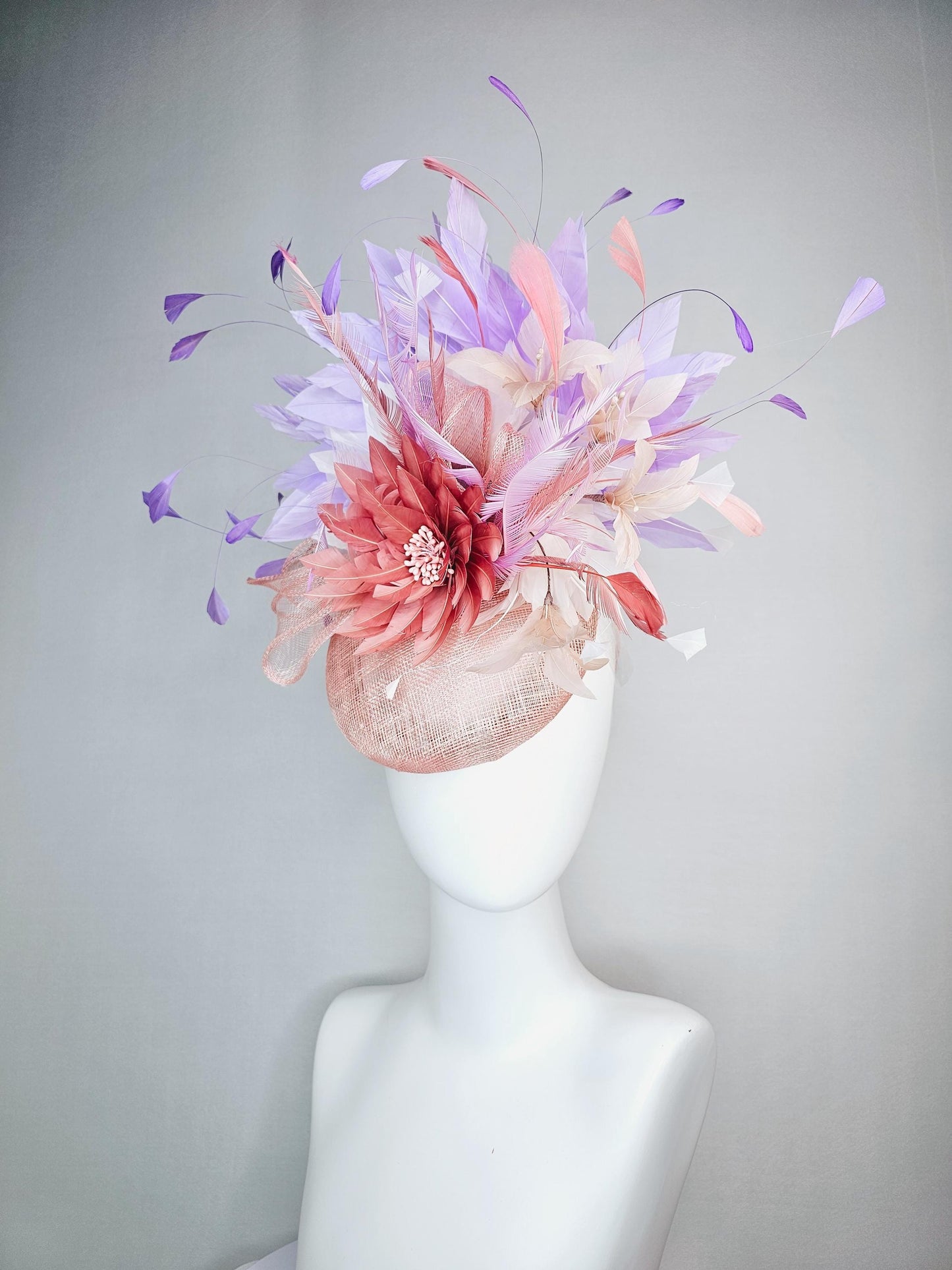 kentucky derby hat fascinator champagne pink sinamay with sinamay bow dusty rose light pink feather flowers white lavender purple feathers