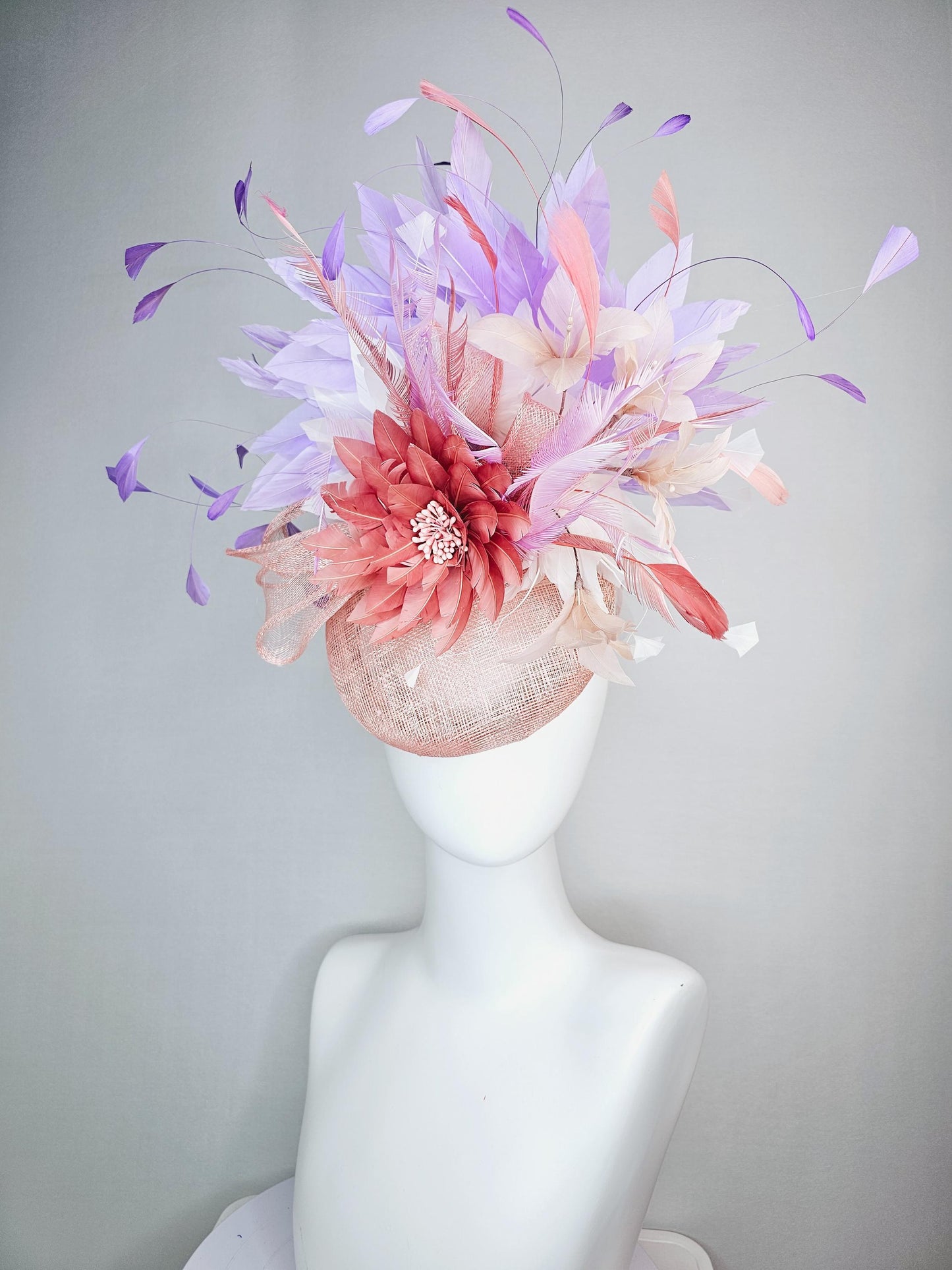 kentucky derby hat fascinator champagne pink sinamay with sinamay bow dusty rose light pink feather flowers white lavender purple feathers