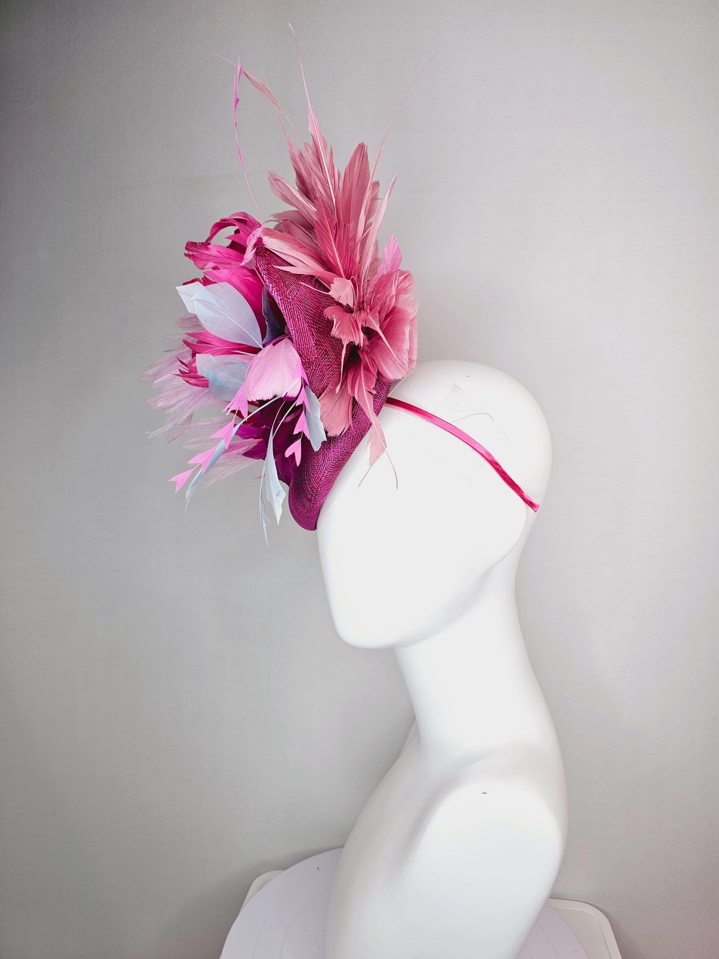 kentucky derby hat fascinator colorful magenta purple sinamay with bow pink red magenta feather flowers light pink light blue feathers