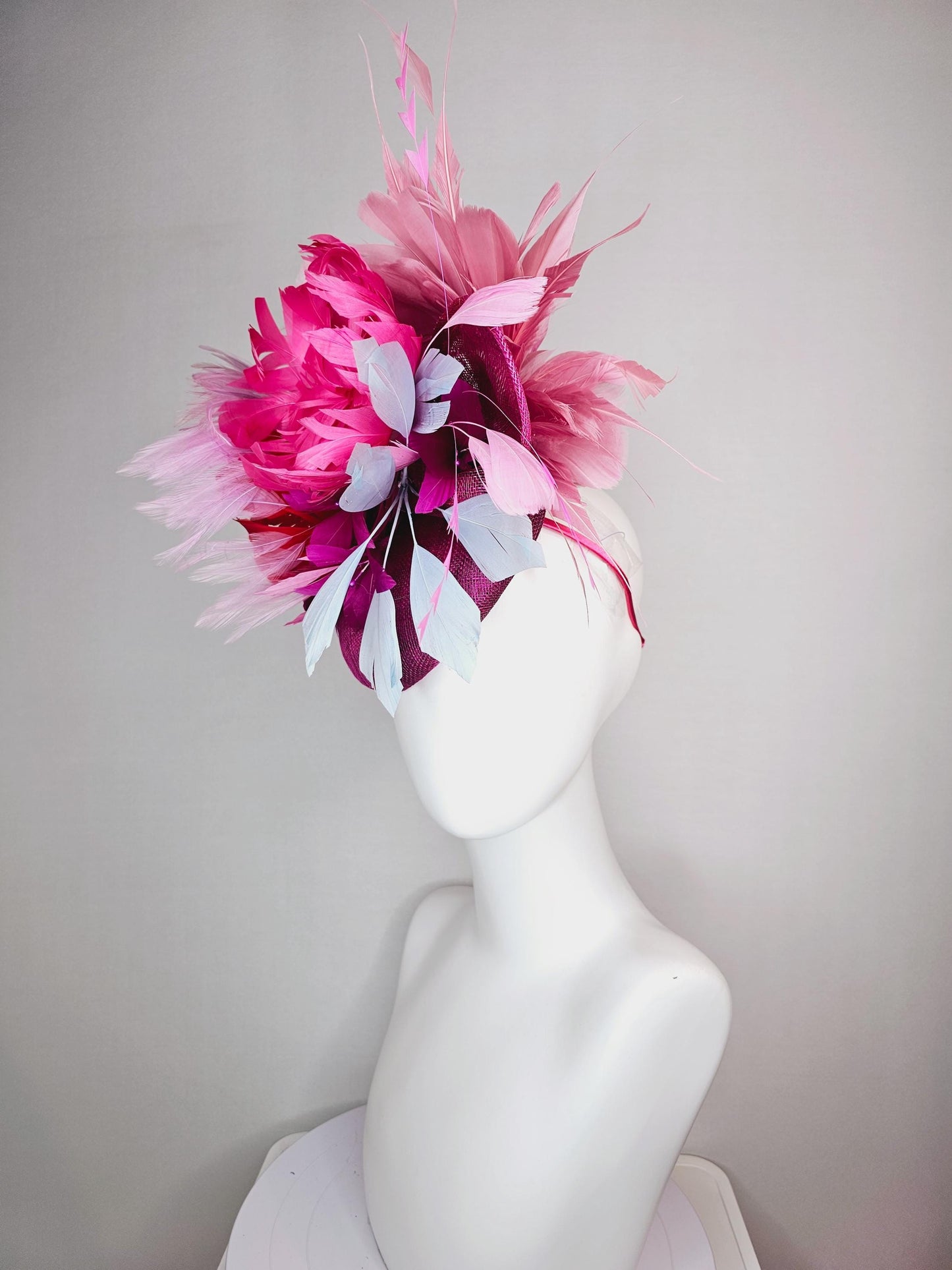 kentucky derby hat fascinator colorful magenta purple sinamay with bow pink red magenta feather flowers light pink light blue feathers