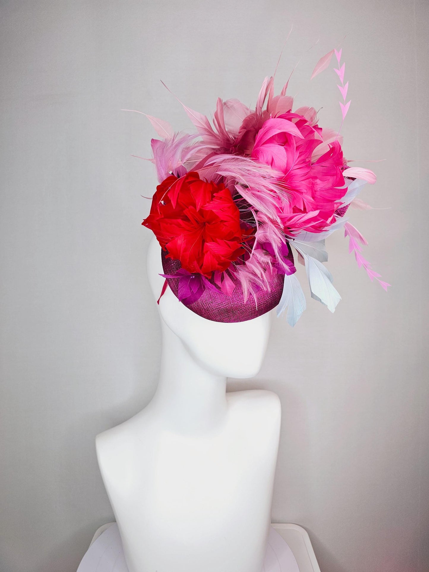 kentucky derby hat fascinator colorful magenta purple sinamay with bow pink red magenta feather flowers light pink light blue feathers