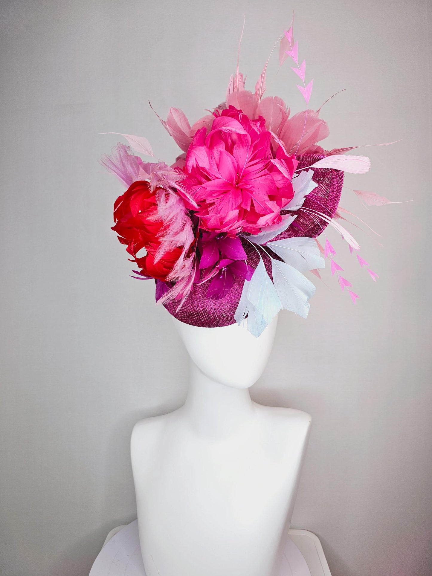 kentucky derby hat fascinator colorful magenta purple sinamay with bow pink red magenta feather flowers light pink light blue feathers