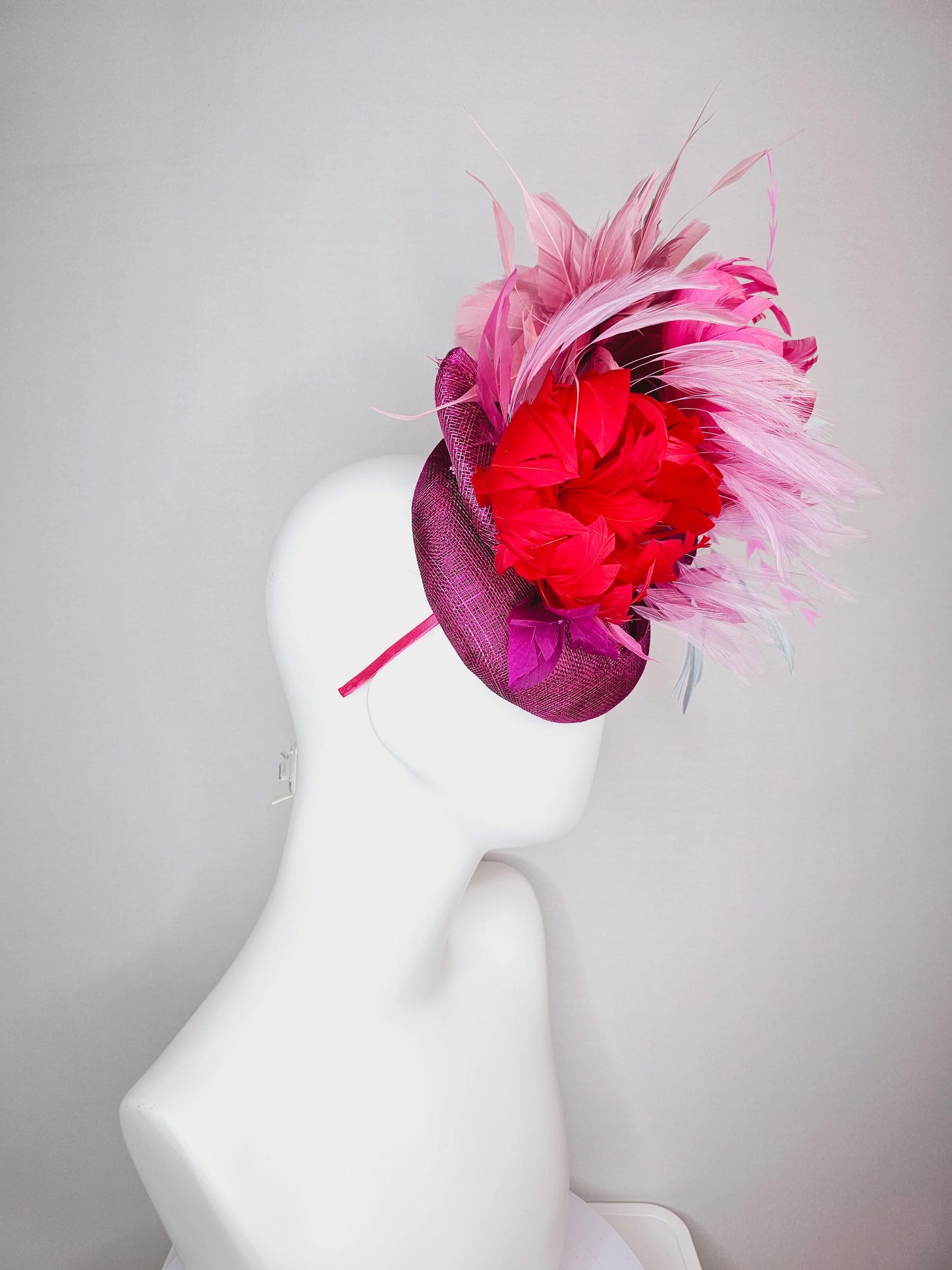 kentucky derby hat fascinator colorful magenta purple sinamay with bow pink red magenta feather flowers light pink light blue feathers