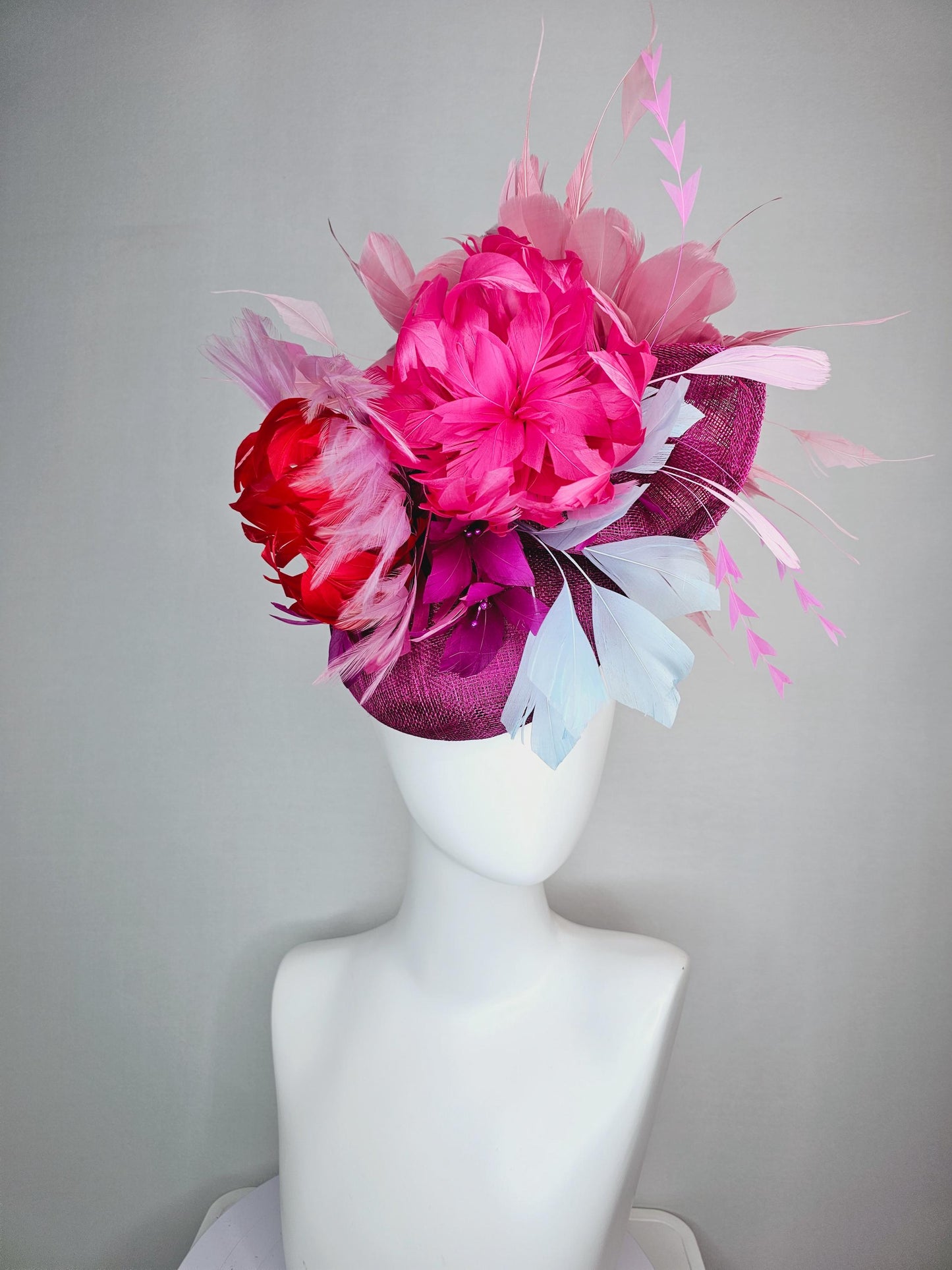 kentucky derby hat fascinator colorful magenta purple sinamay with bow pink red magenta feather flowers light pink light blue feathers