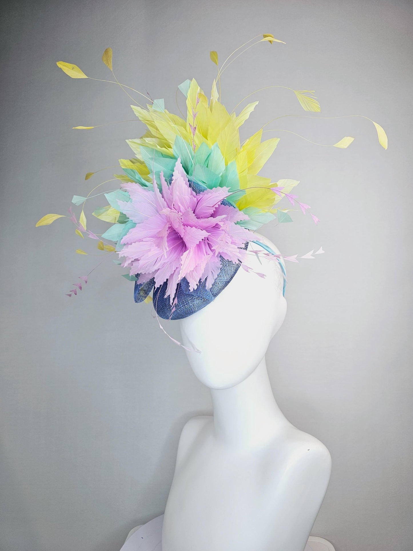 kentucky derby hat fascinator colorful denim blue sinamay with bow lilac lavender purple feather flower mint green yellow branching feathers