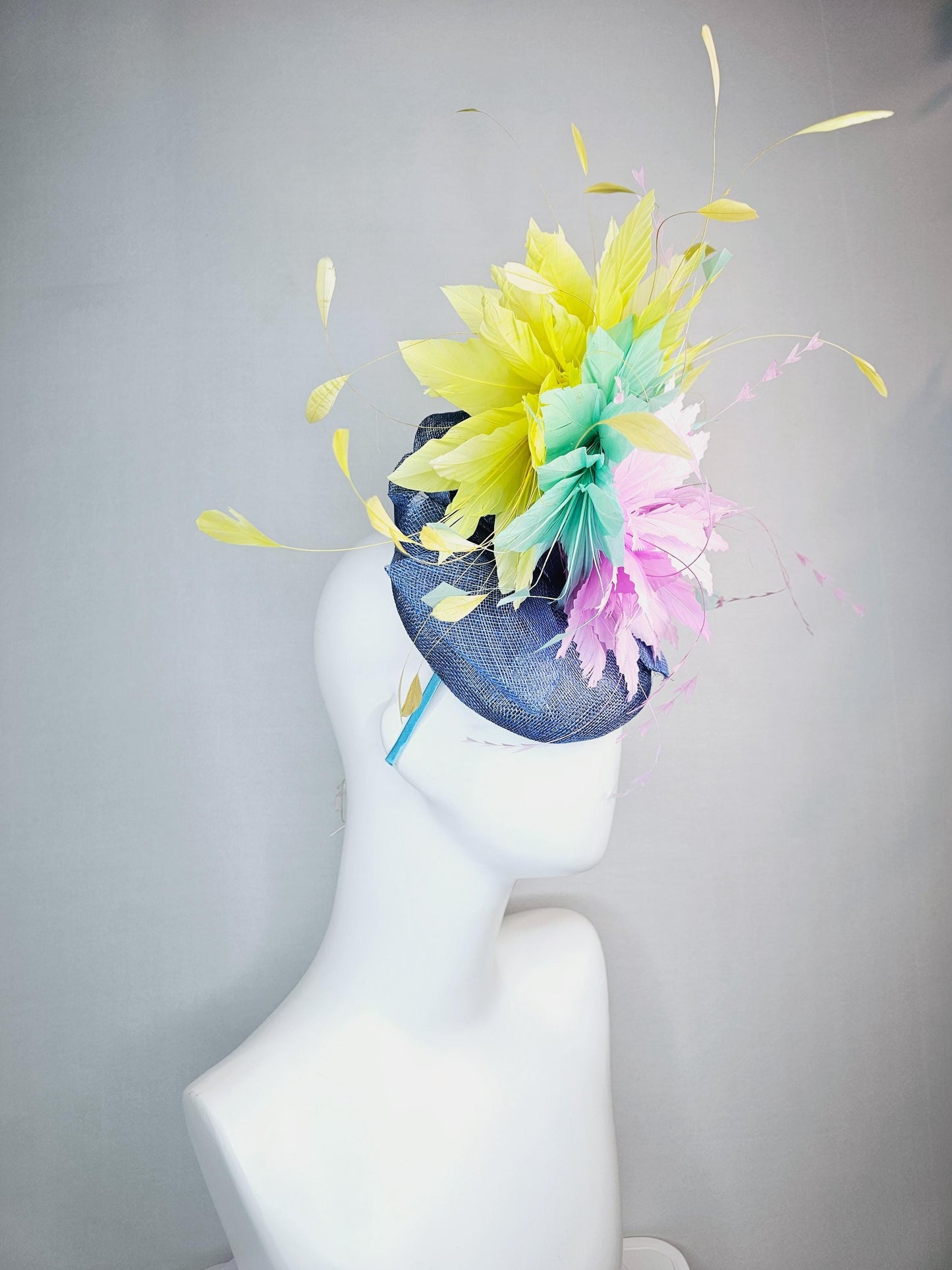 kentucky derby hat fascinator colorful denim blue sinamay with bow lilac lavender purple feather flower mint green yellow branching feathers