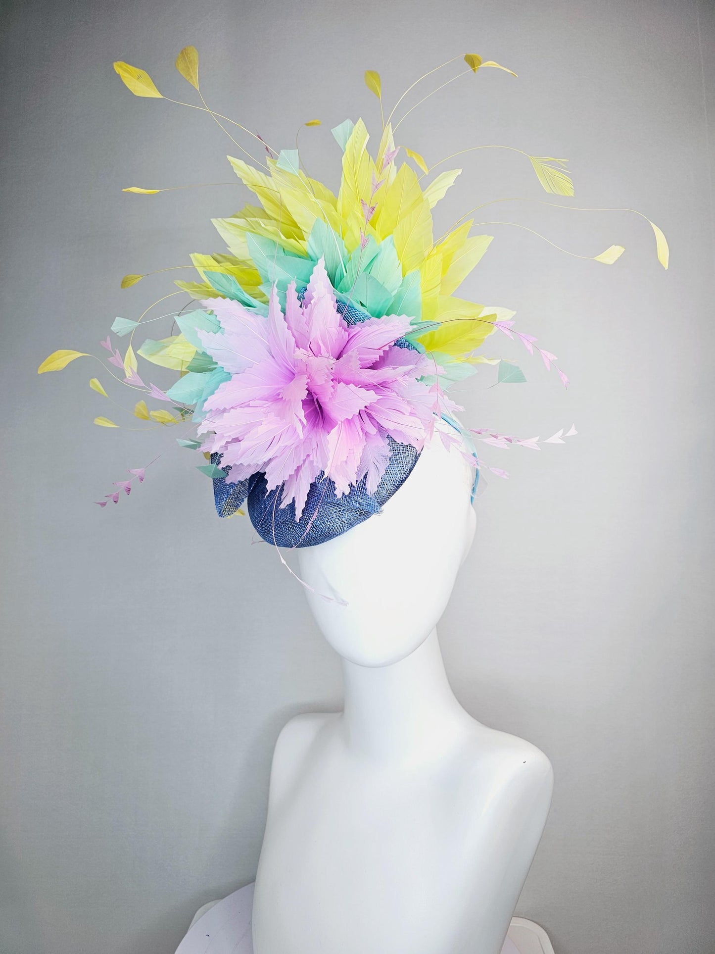 kentucky derby hat fascinator colorful denim blue sinamay with bow lilac lavender purple feather flower mint green yellow branching feathers