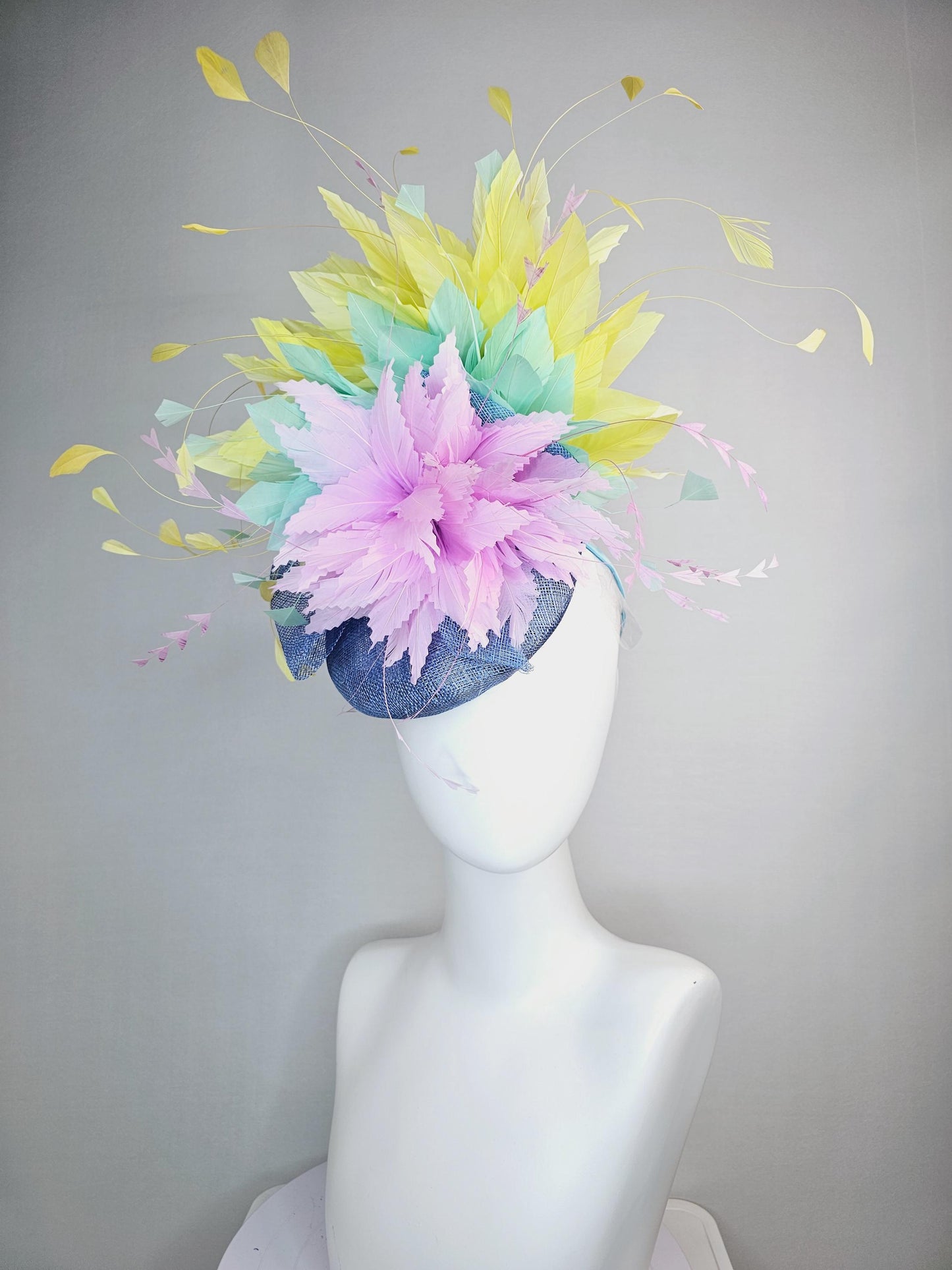 kentucky derby hat fascinator colorful denim blue sinamay with bow lilac lavender purple feather flower mint green yellow branching feathers