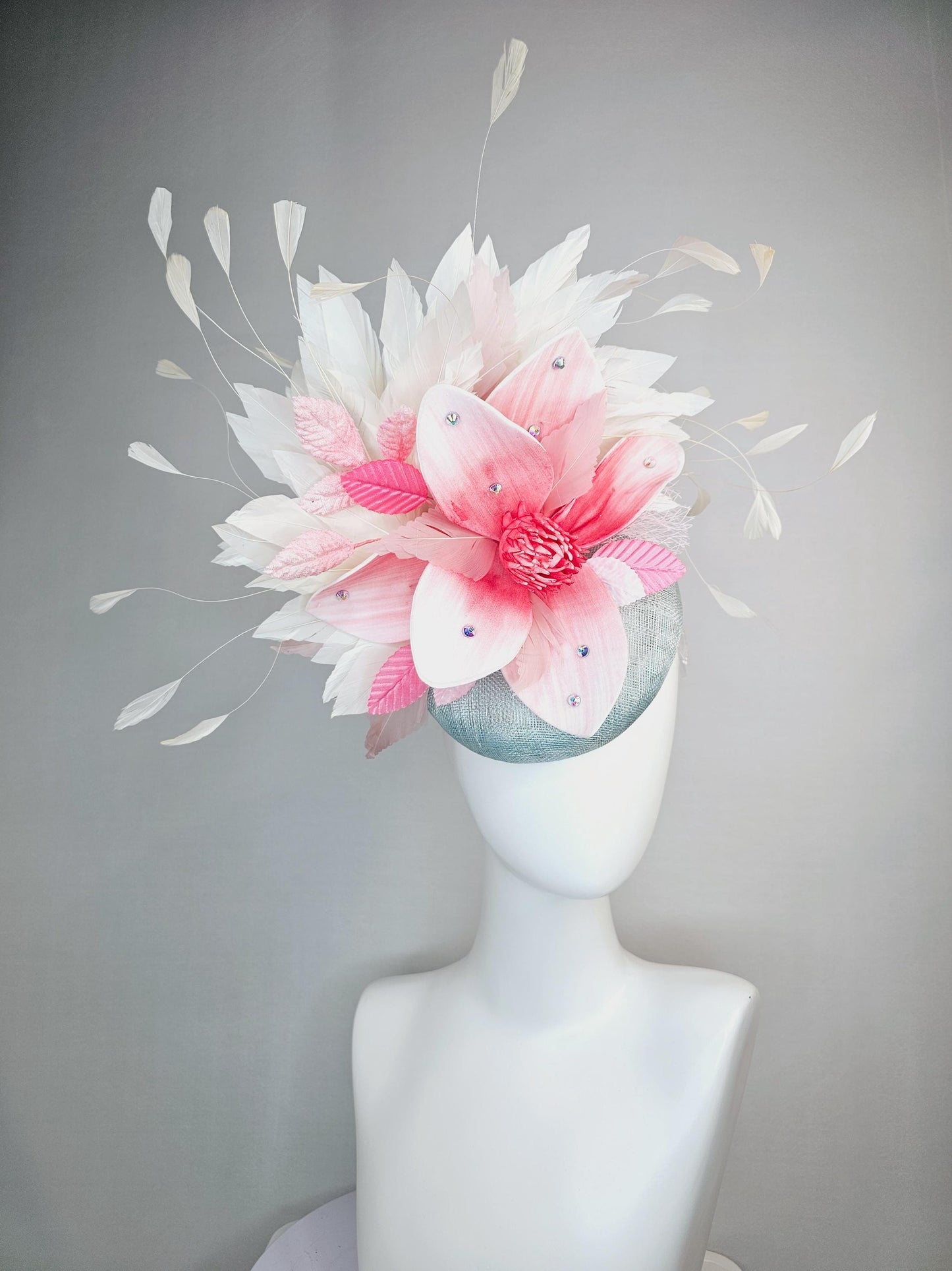 kentucky derby hat fascinator light gray blue sinamay with raspberry pink ombre flower blush pink light pink ivory white branching feathers