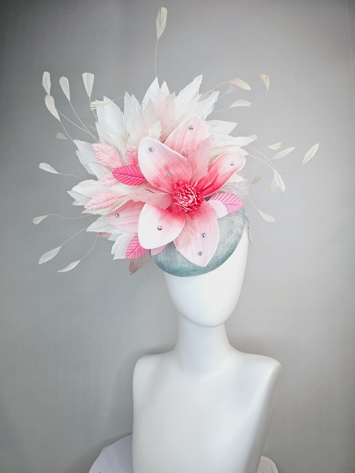 kentucky derby hat fascinator light gray blue sinamay with raspberry pink ombre flower blush pink light pink ivory white branching feathers