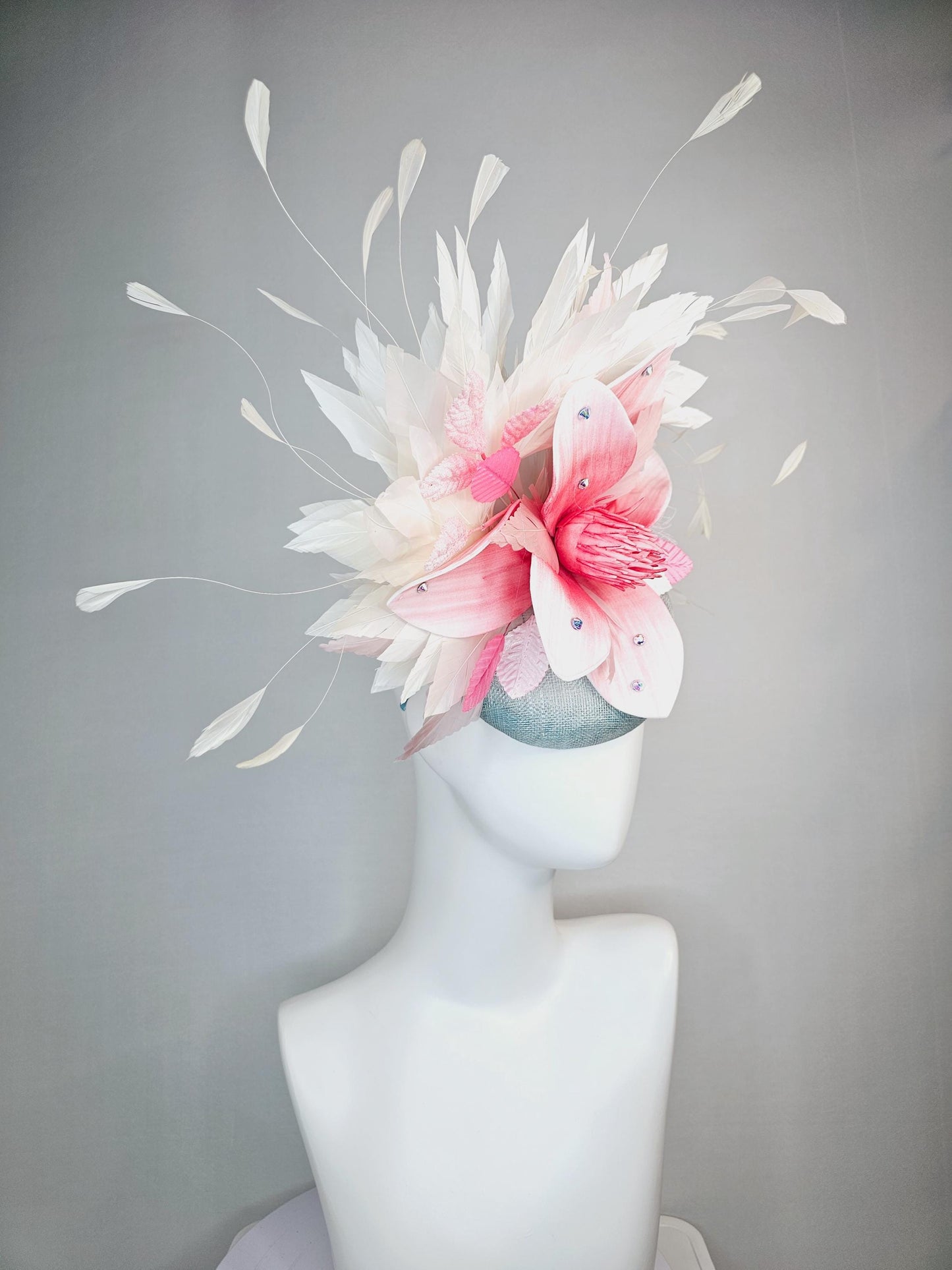 kentucky derby hat fascinator light gray blue sinamay with raspberry pink ombre flower blush pink light pink ivory white branching feathers