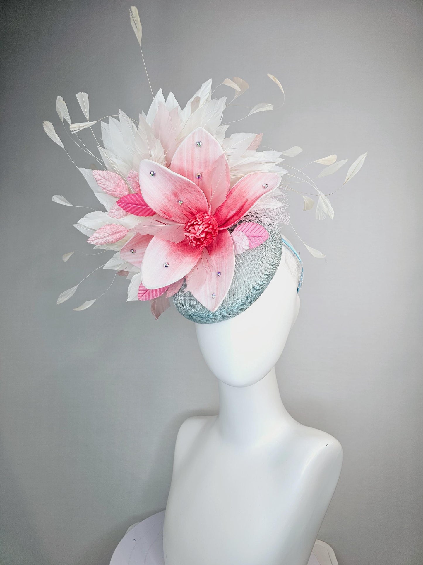 kentucky derby hat fascinator light gray blue sinamay with raspberry pink ombre flower blush pink light pink ivory white branching feathers