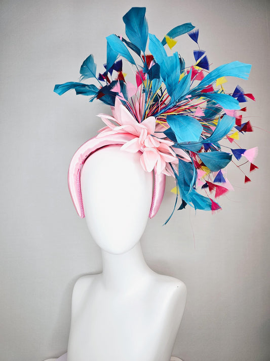 kentucky derby hat fascinator light pink satin headband with satin flower colorful teal royal blue baby pink yellow red branching feathers