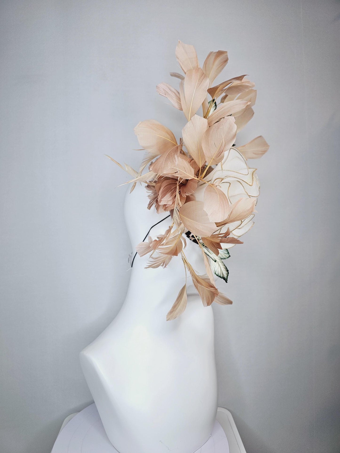 kentucky derby hat fascinator velvet leopard print with large white mesh gold edges rose ombre dark green leaves beige tan brown feathers