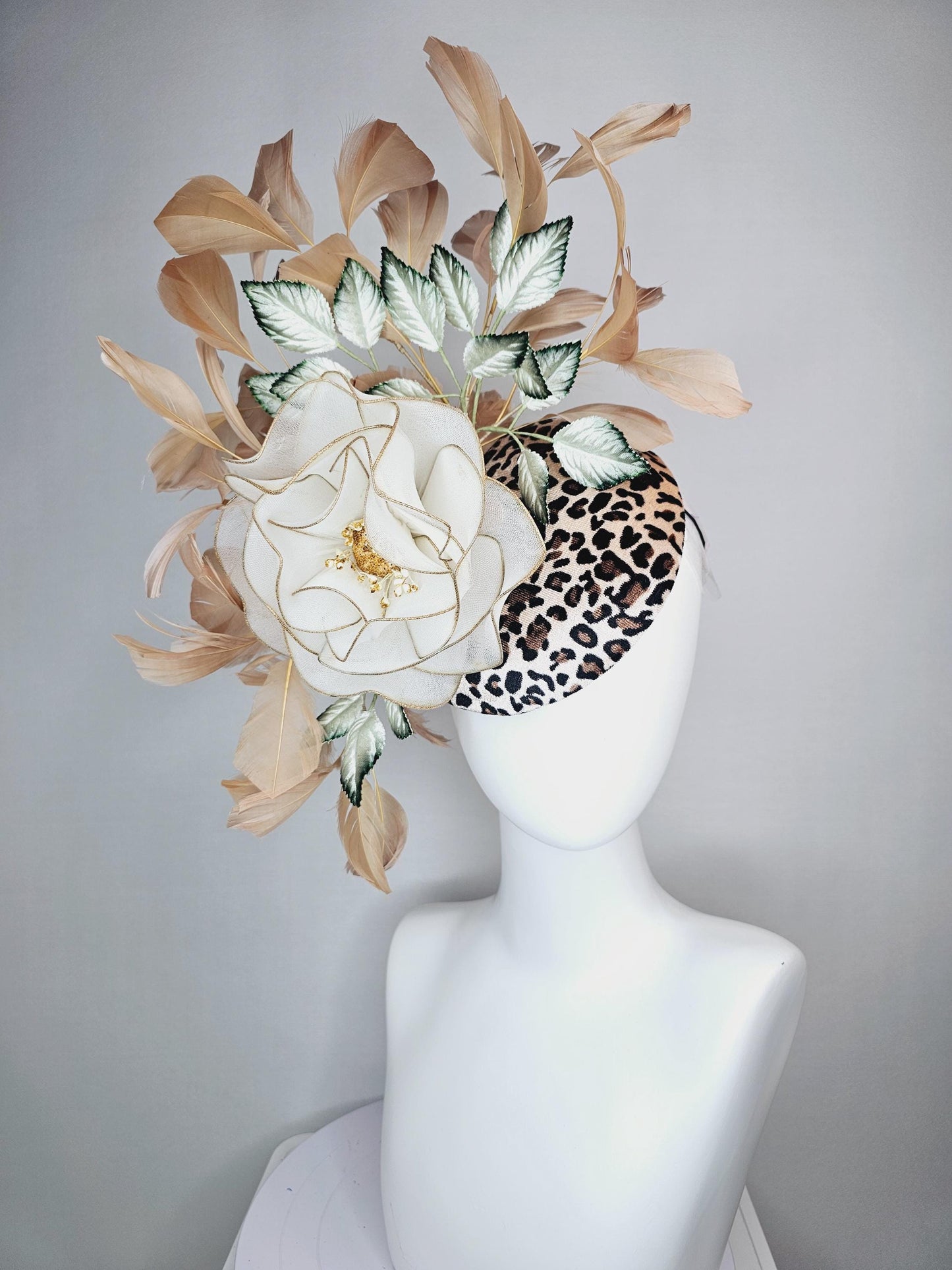 kentucky derby hat fascinator velvet leopard print with large white mesh gold edges rose ombre dark green leaves beige tan brown feathers