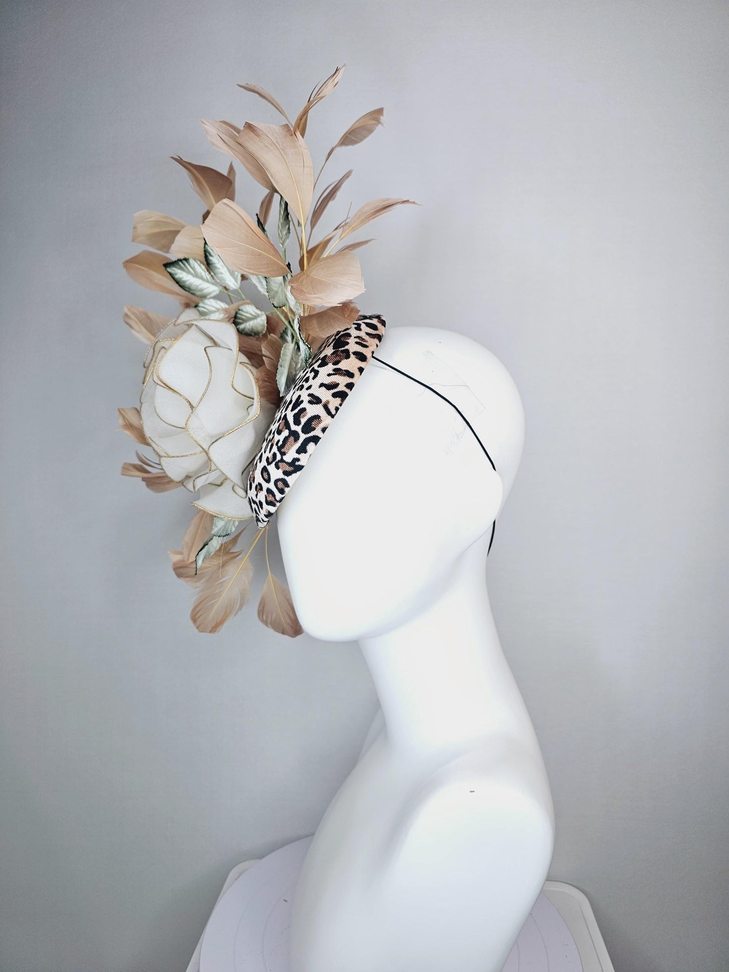 kentucky derby hat fascinator velvet leopard print with large white mesh gold edges rose ombre dark green leaves beige tan brown feathers