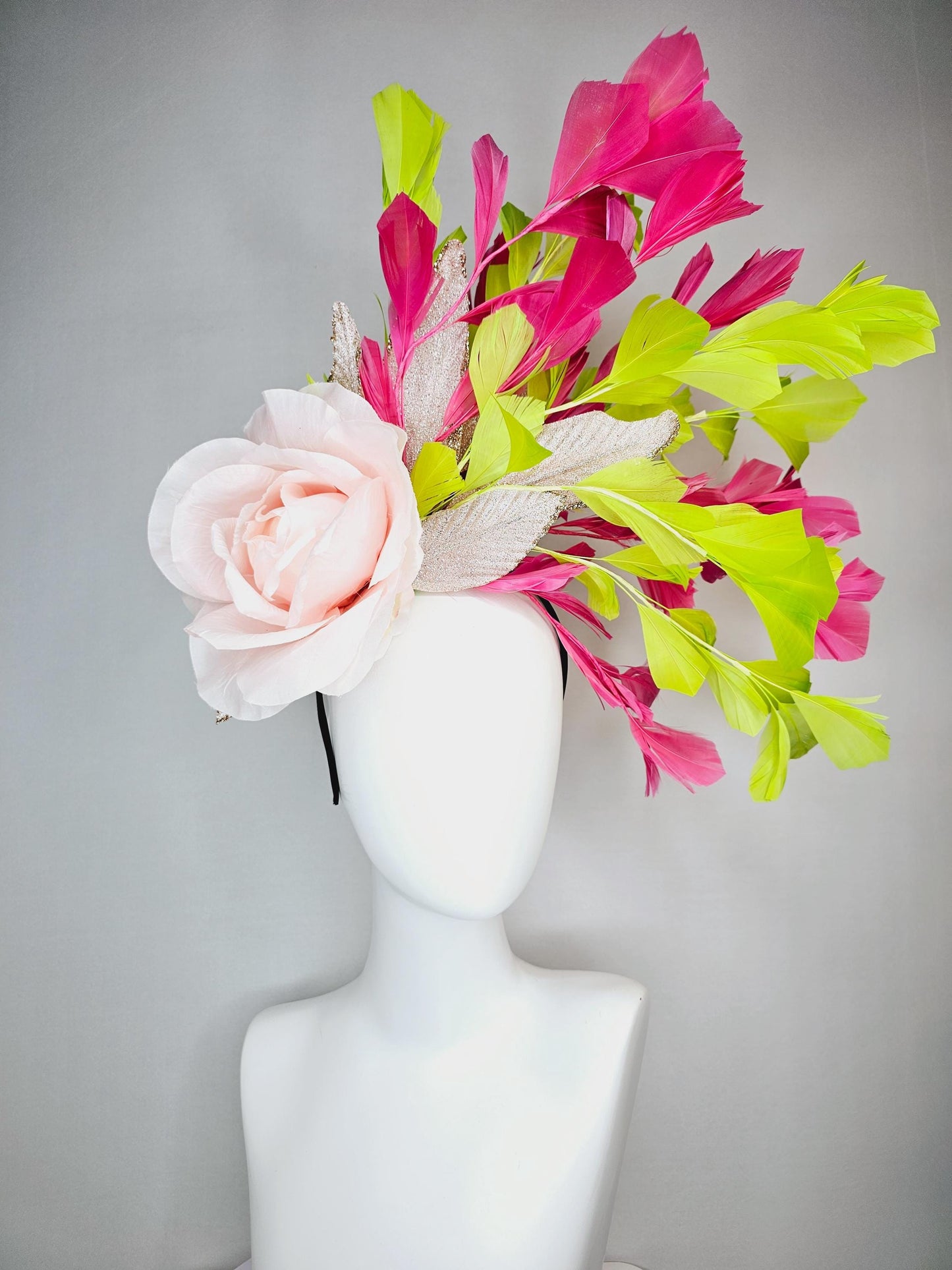 kentucky derby hat fascinator light baby pink satin rose flower with gold leaves and lime green hot pink branching feathers