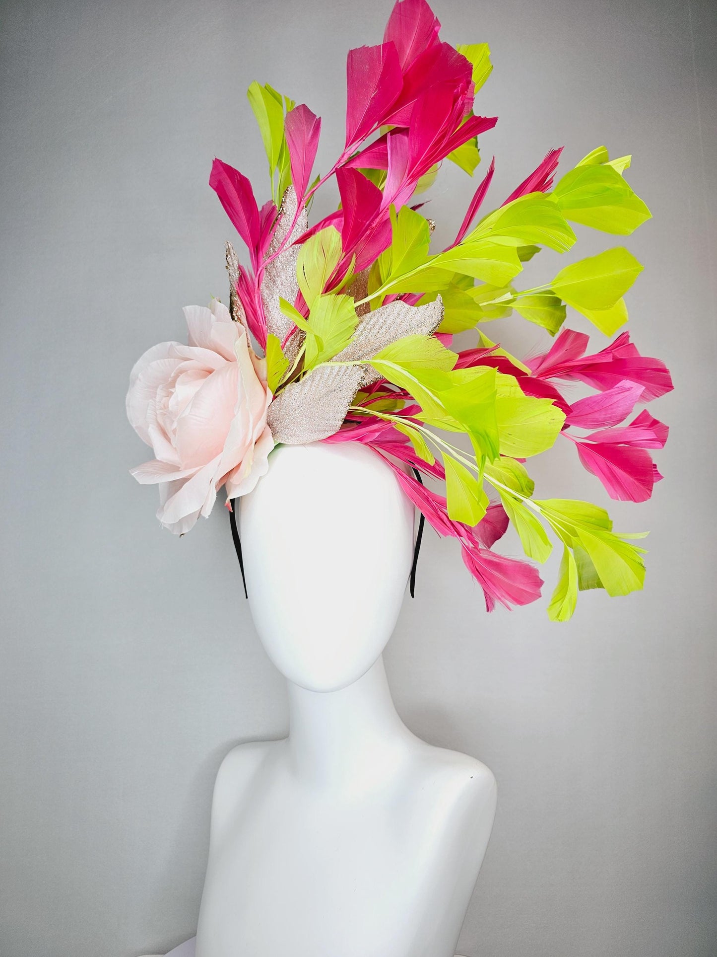 kentucky derby hat fascinator light baby pink satin rose flower with gold leaves and lime green hot pink branching feathers