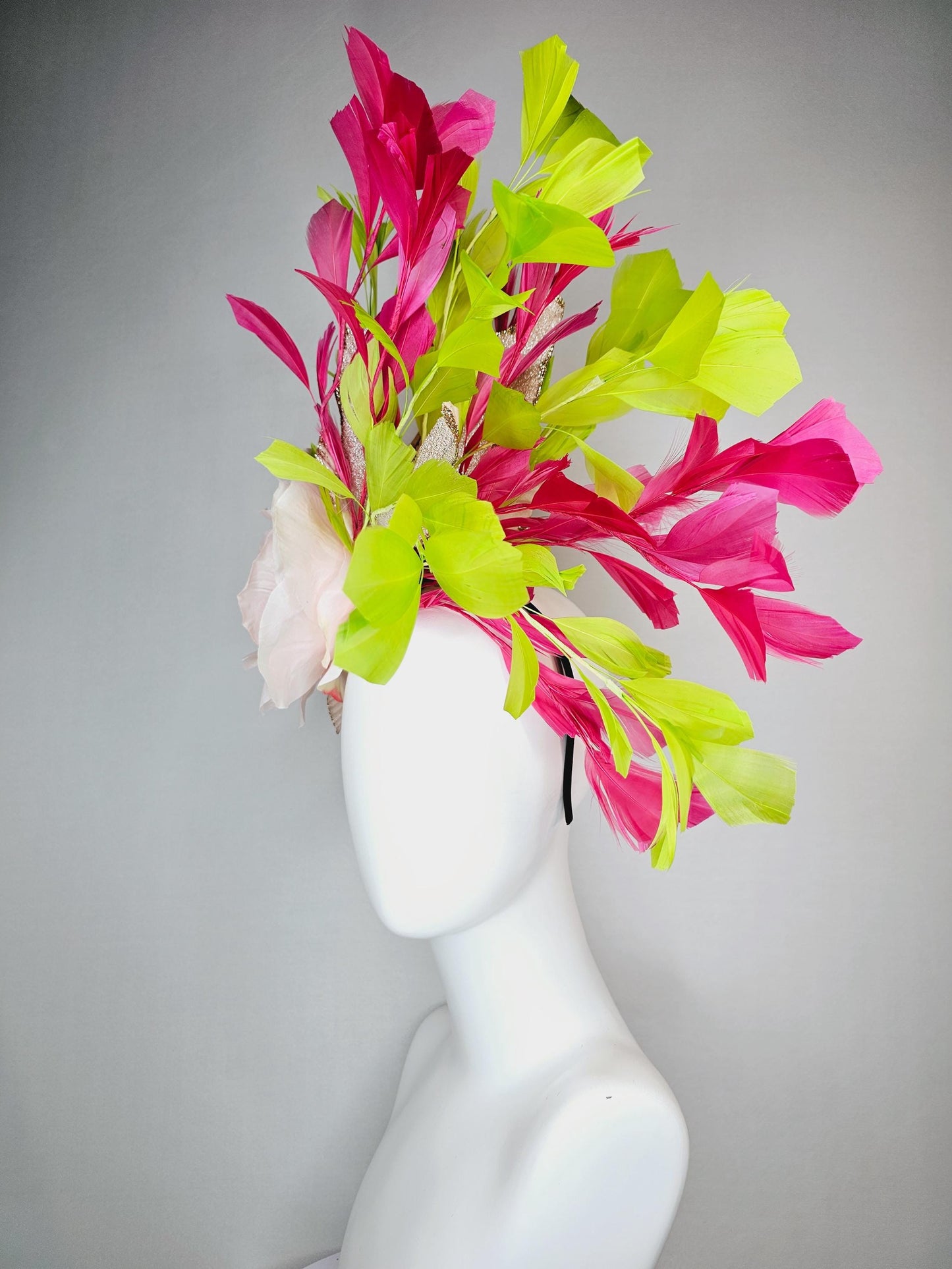 kentucky derby hat fascinator light baby pink satin rose flower with gold leaves and lime green hot pink branching feathers