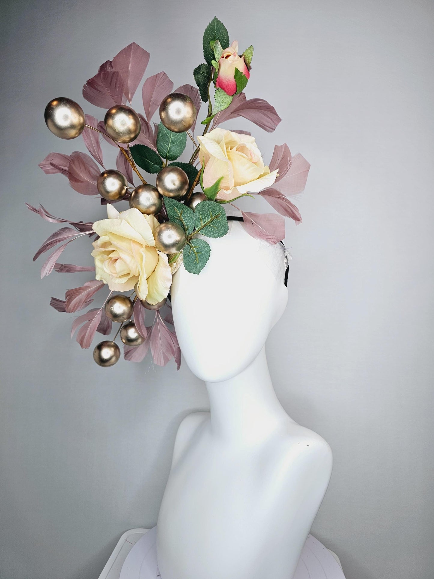 kentucky derby hat fascinator large beige cream satin silk roses with green leaves large gold pearls and dusty rose pink branching feathers