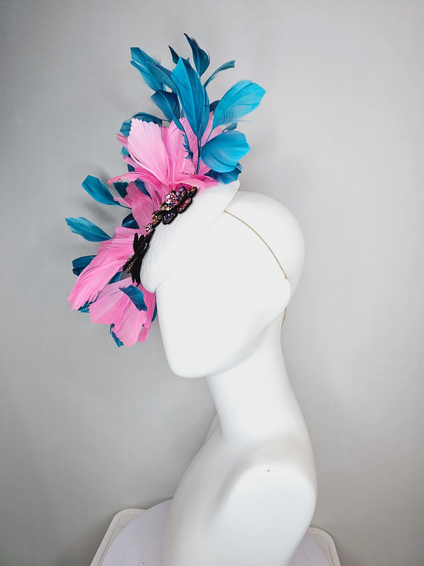 kentucky derby hat fascinator white satin with netting and yellow pink purple swarovski crystal flowers embroidered pink teal blue feathers