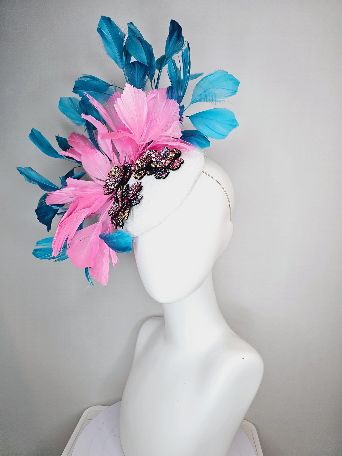 kentucky derby hat fascinator white satin with netting and yellow pink purple swarovski crystal flowers embroidered pink teal blue feathers