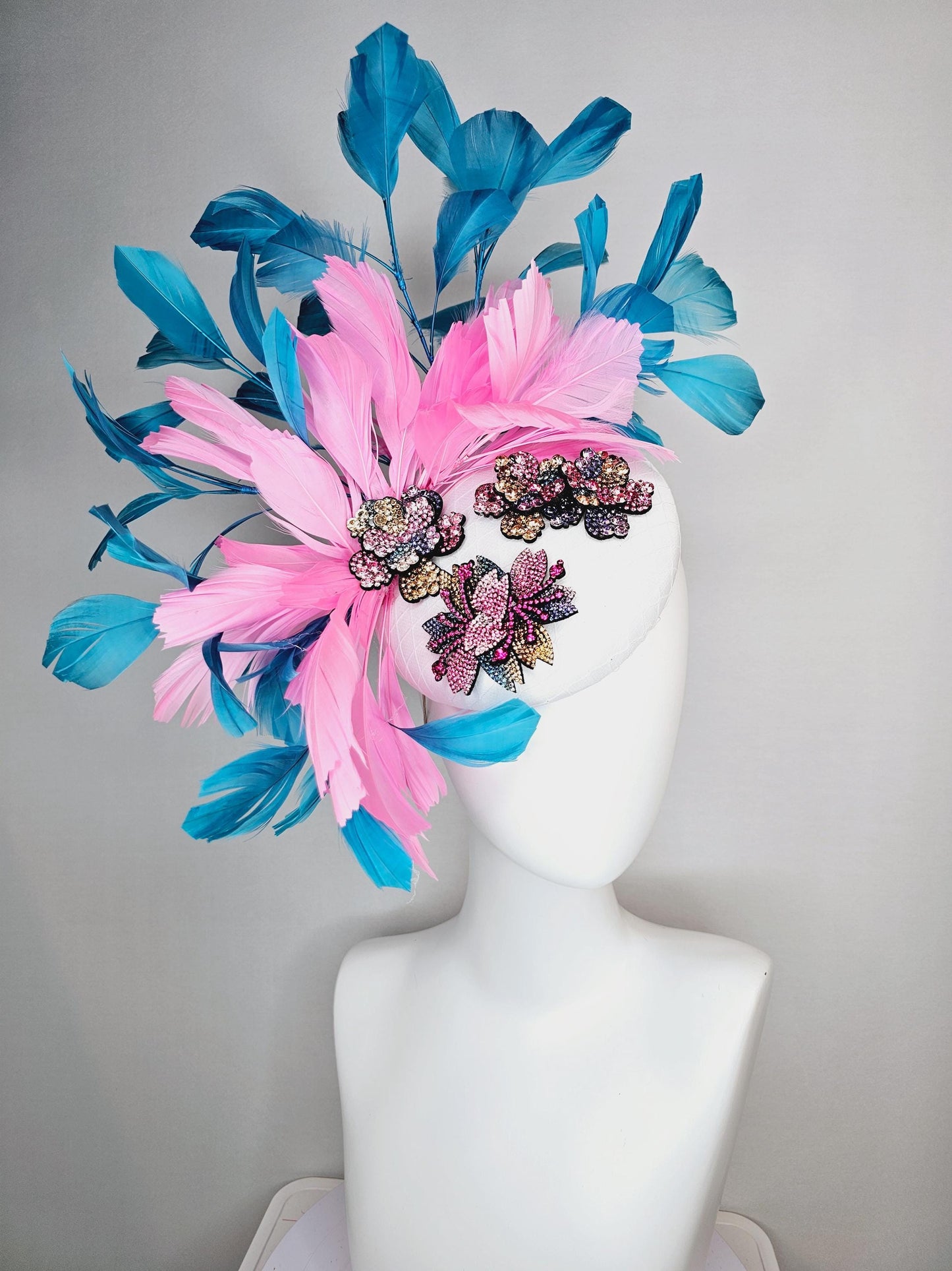 kentucky derby hat fascinator white satin with netting and yellow pink purple swarovski crystal flowers embroidered pink teal blue feathers