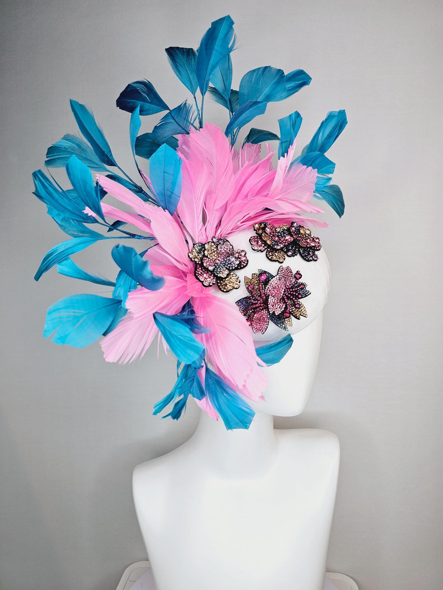 kentucky derby hat fascinator white satin with netting and yellow pink purple swarovski crystal flowers embroidered pink teal blue feathers