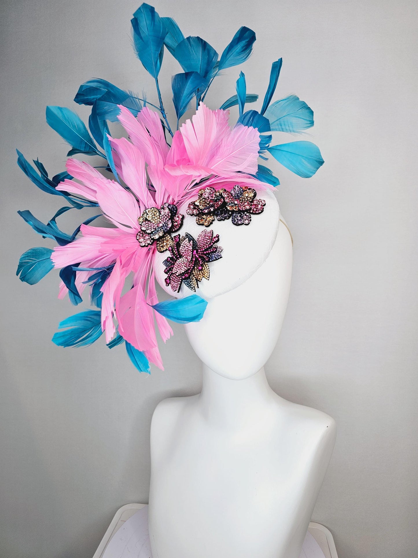 kentucky derby hat fascinator white satin with netting and yellow pink purple swarovski crystal flowers embroidered pink teal blue feathers