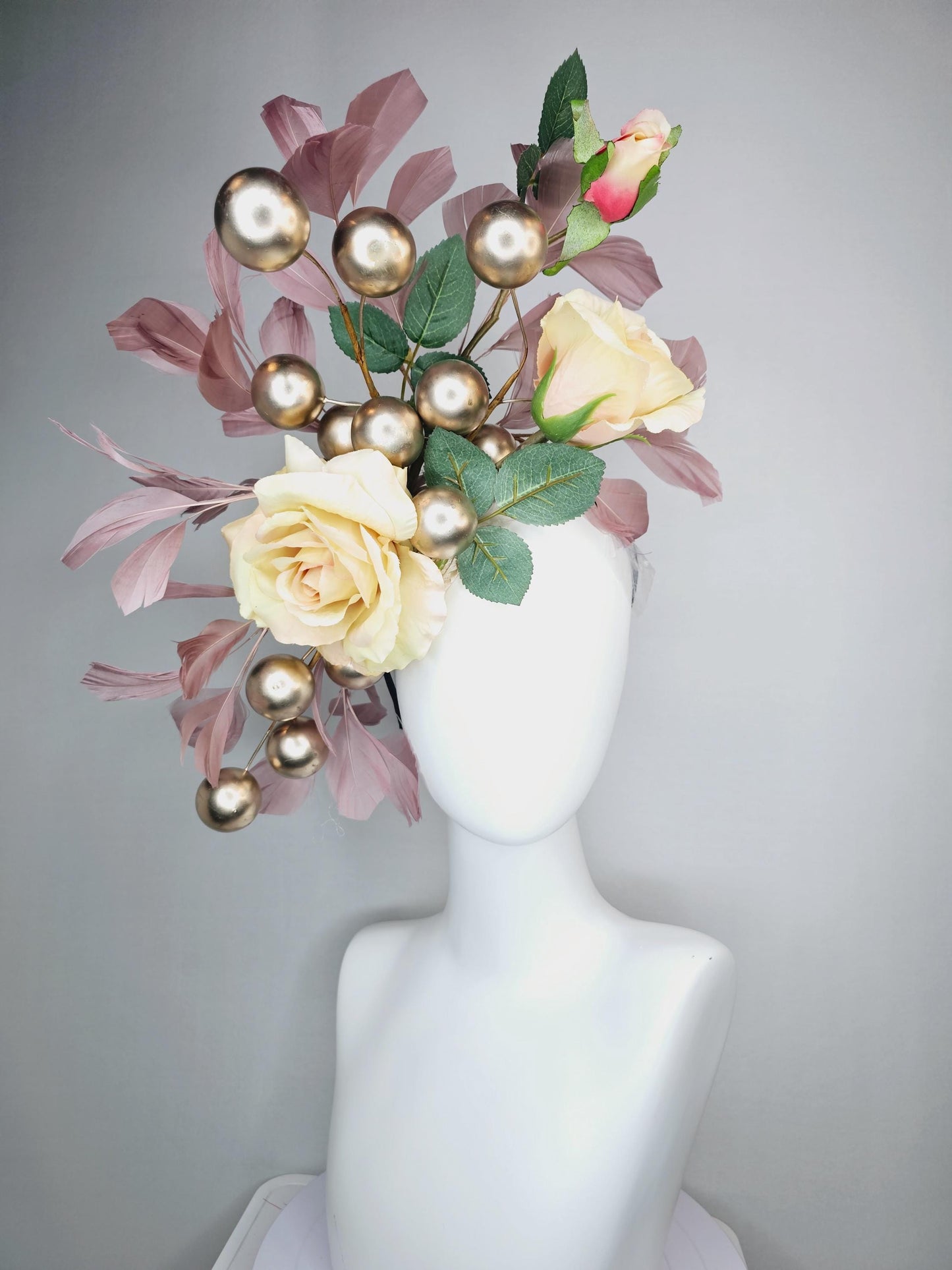 kentucky derby hat fascinator large beige cream satin silk roses with green leaves large gold pearls and dusty rose pink branching feathers