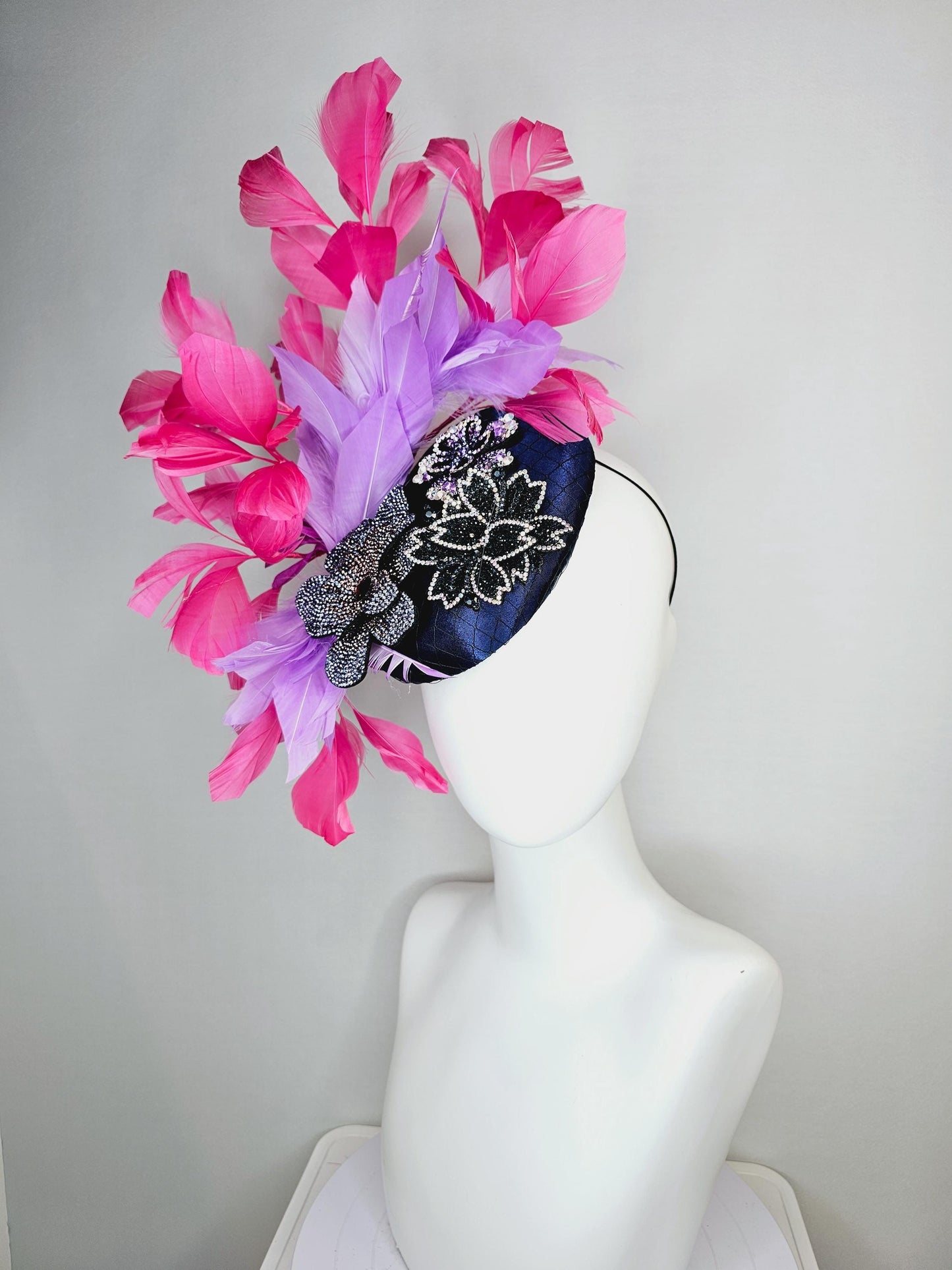 kentucky derby hat fascinator navy blue satin with netting black purple cooper crystal flowers embroidered hot pink lavender purple feathers