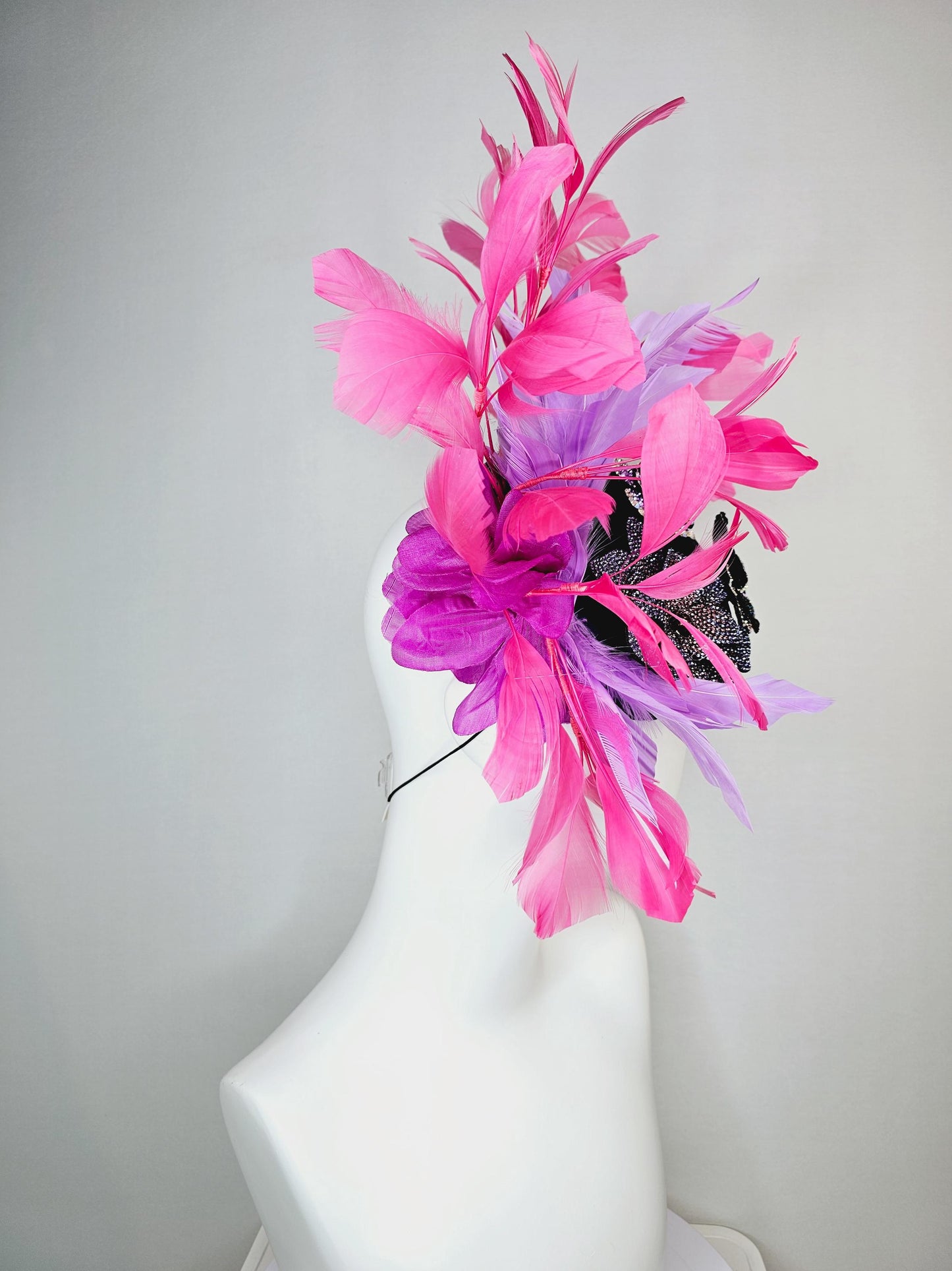 kentucky derby hat fascinator navy blue satin with netting black purple cooper crystal flowers embroidered hot pink lavender purple feathers