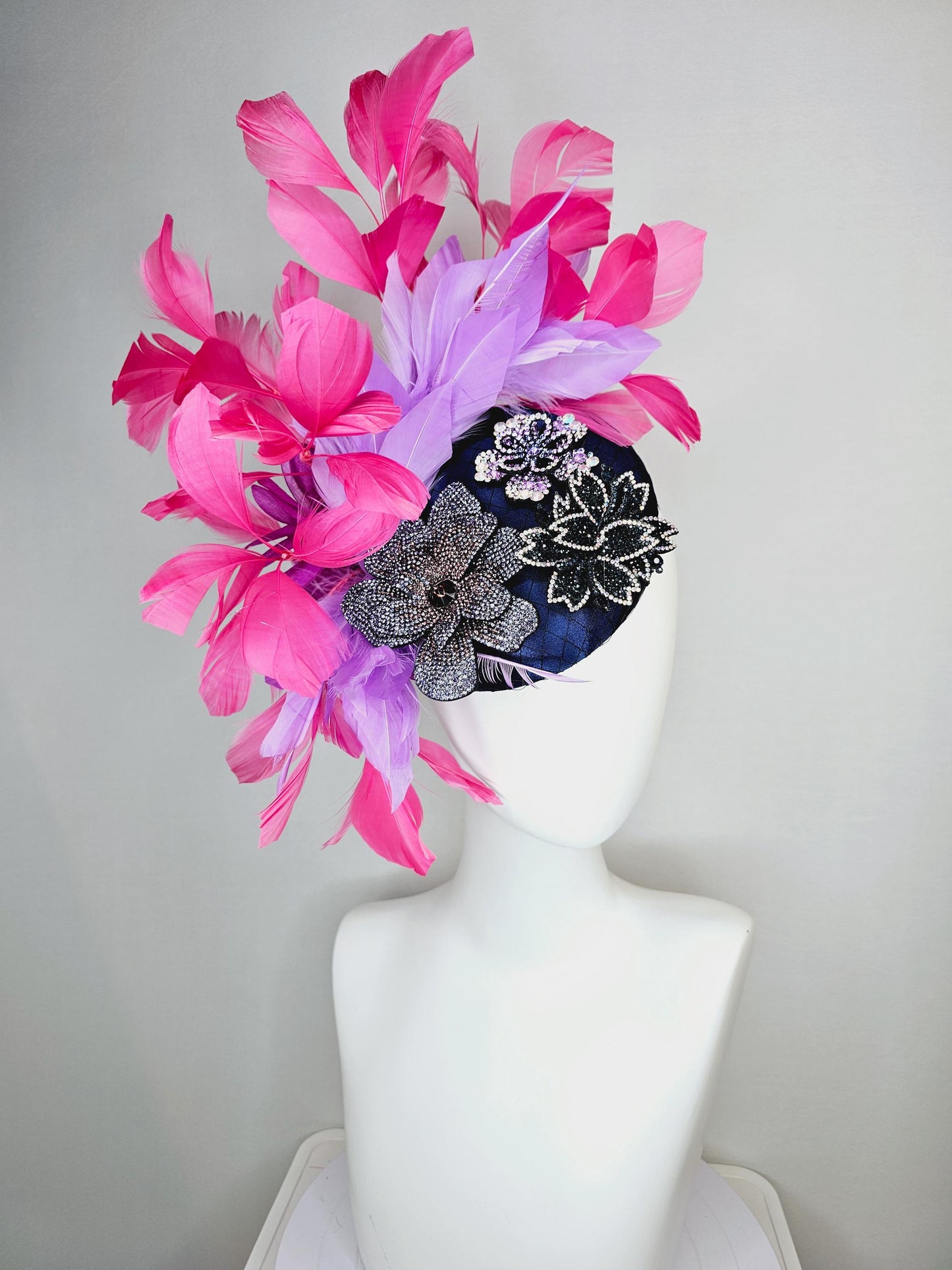 kentucky derby hat fascinator navy blue satin with netting black purple cooper crystal flowers embroidered hot pink lavender purple feathers